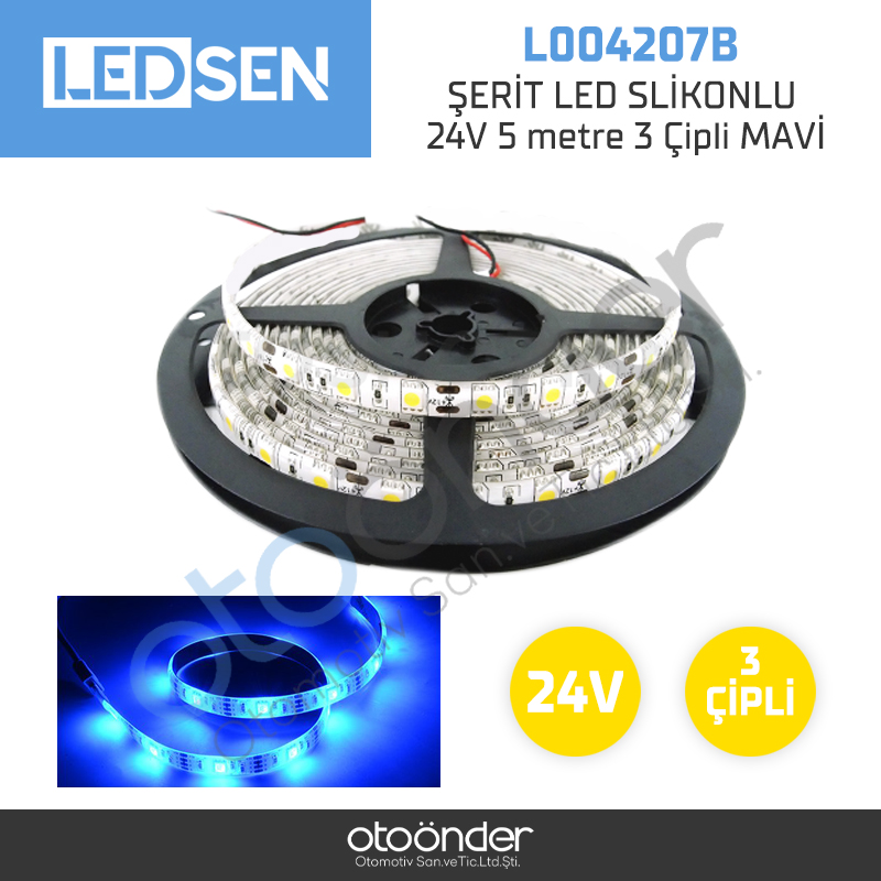 ŞERİT LED SLİKONLU 24V 5 metre 3 Çipli MAVİ