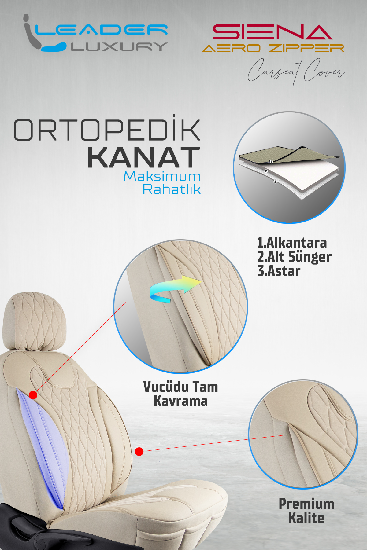 SİENA OTO KILIFI FERMUARLI BEJ NAKIŞ BEJ