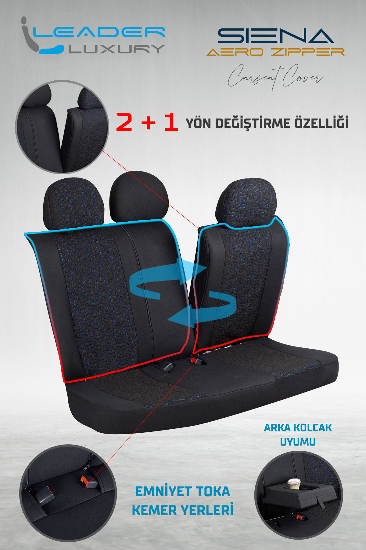 SİENA OTO KILIFI FERMUARLI SİYAH NAKIŞ MAVİ