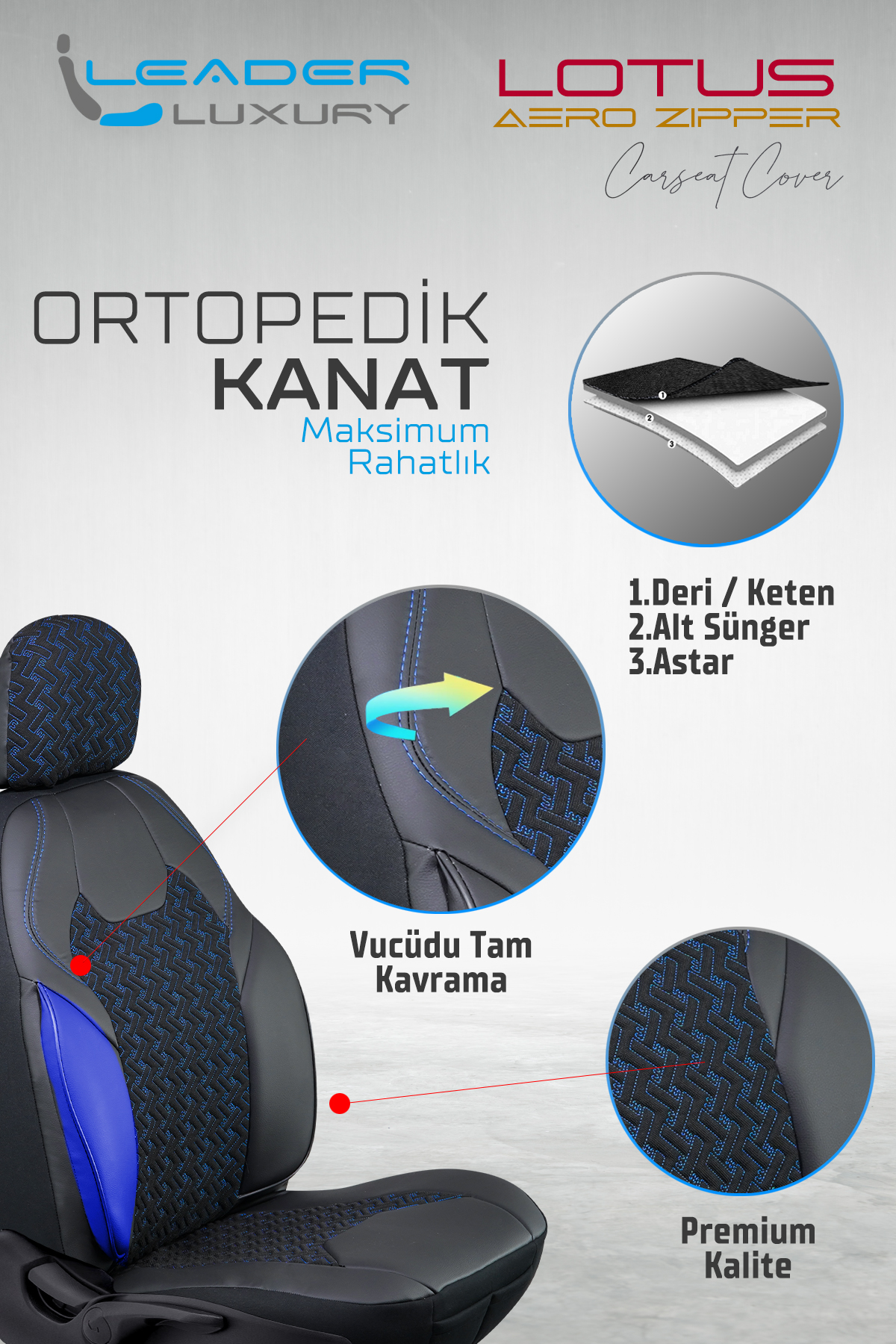 LOTUS ÖN KOLTUK ARKASI DERİ OTO KILIFI FERMUARLI. SİYAH NAKIŞ MAVİ