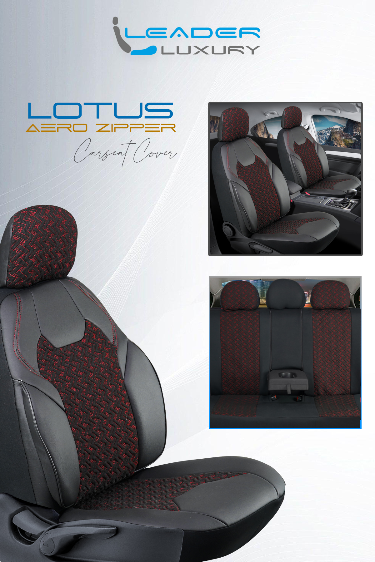 LOTUS ÖN KOLTUK ARKASI DERİ OTO KILIFI FERMUARLI. SİYAH NAKIŞ KIRMIZI