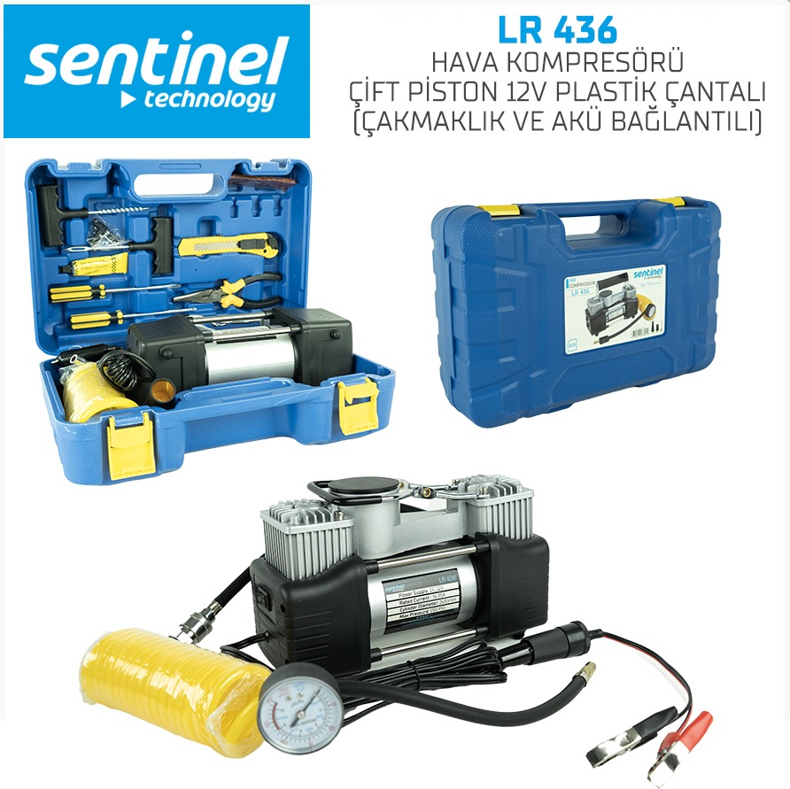 HAVA KOMPRESÖRÜ ÇİFT PİSTON 12V(PLASTİK ÇANTA)ÇAKMAK FİŞLİ ARTI AKÜ BAĞLANTILI