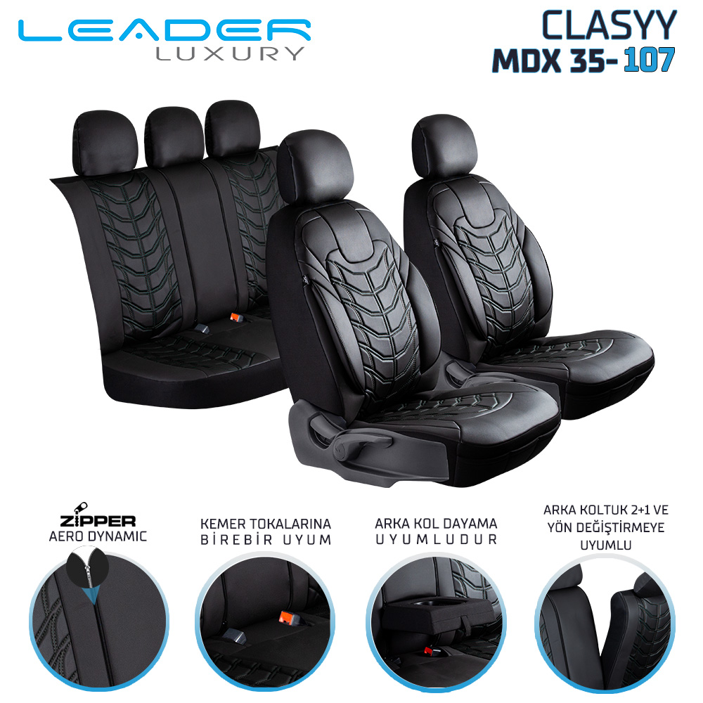 CLASYY KOMPLE DERİ OTO KOLTUK KILIFI SİYAH. NAKIŞ BEYAZ