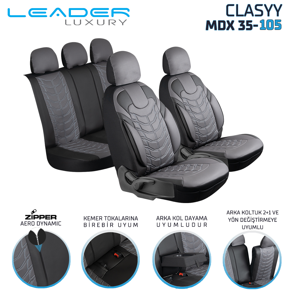 CLASYY KOMPLE DERİ OTO KOLTUK KILIFI GRİ SİYAH