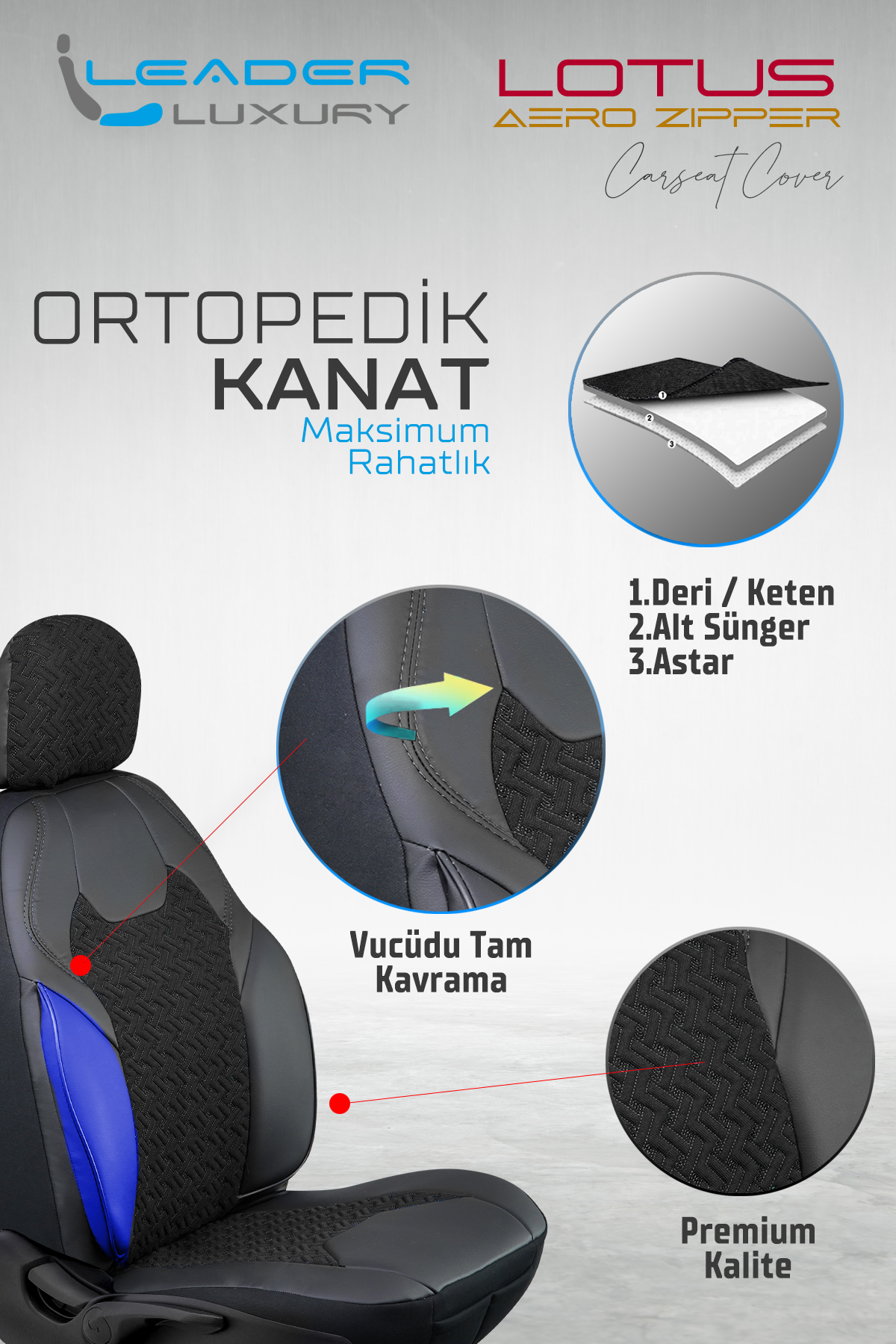 LOTUS ÖN KOLTUK ARKASI DERİ OTO KILIFI FERMUARLI. SİYAH