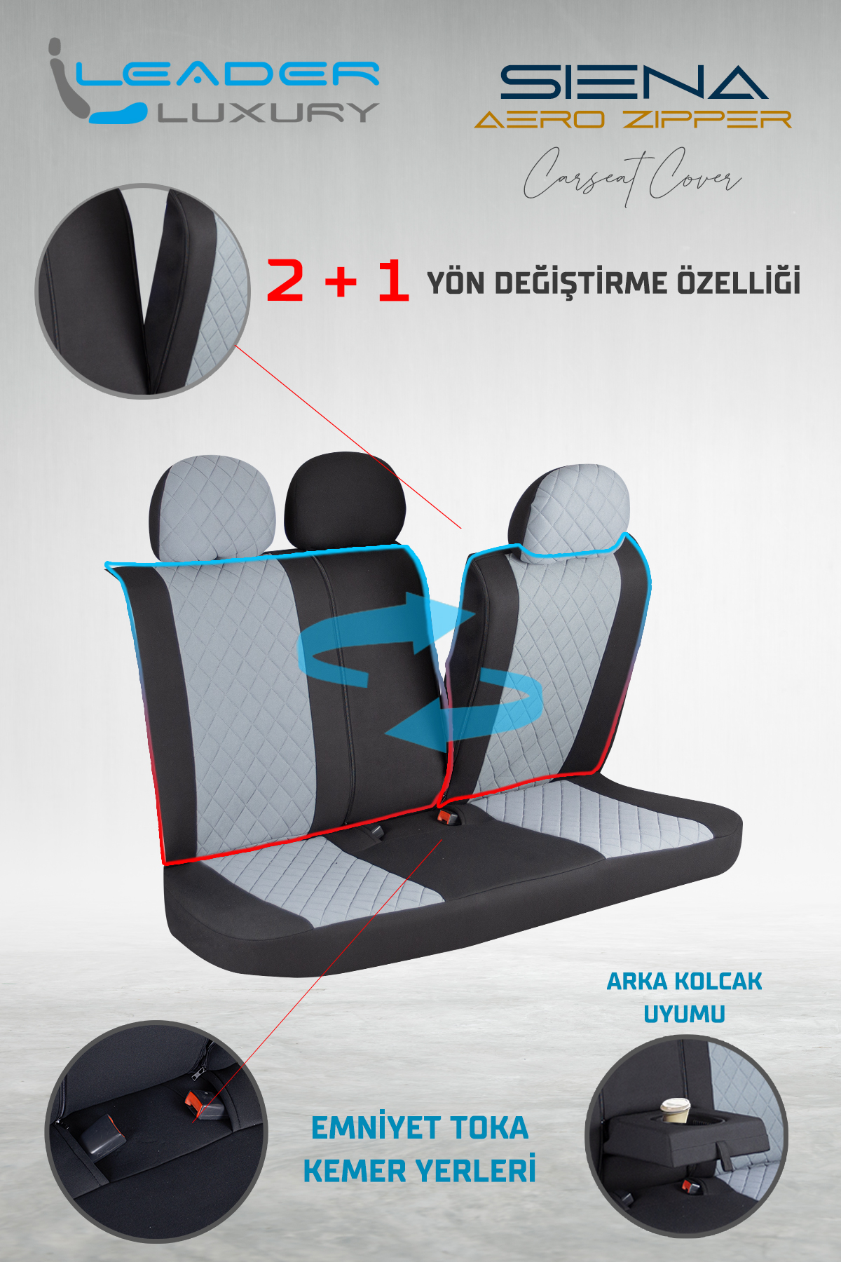 SİENA OTO KILIFI FERMUARLI FÜME NAKIŞ FÜME