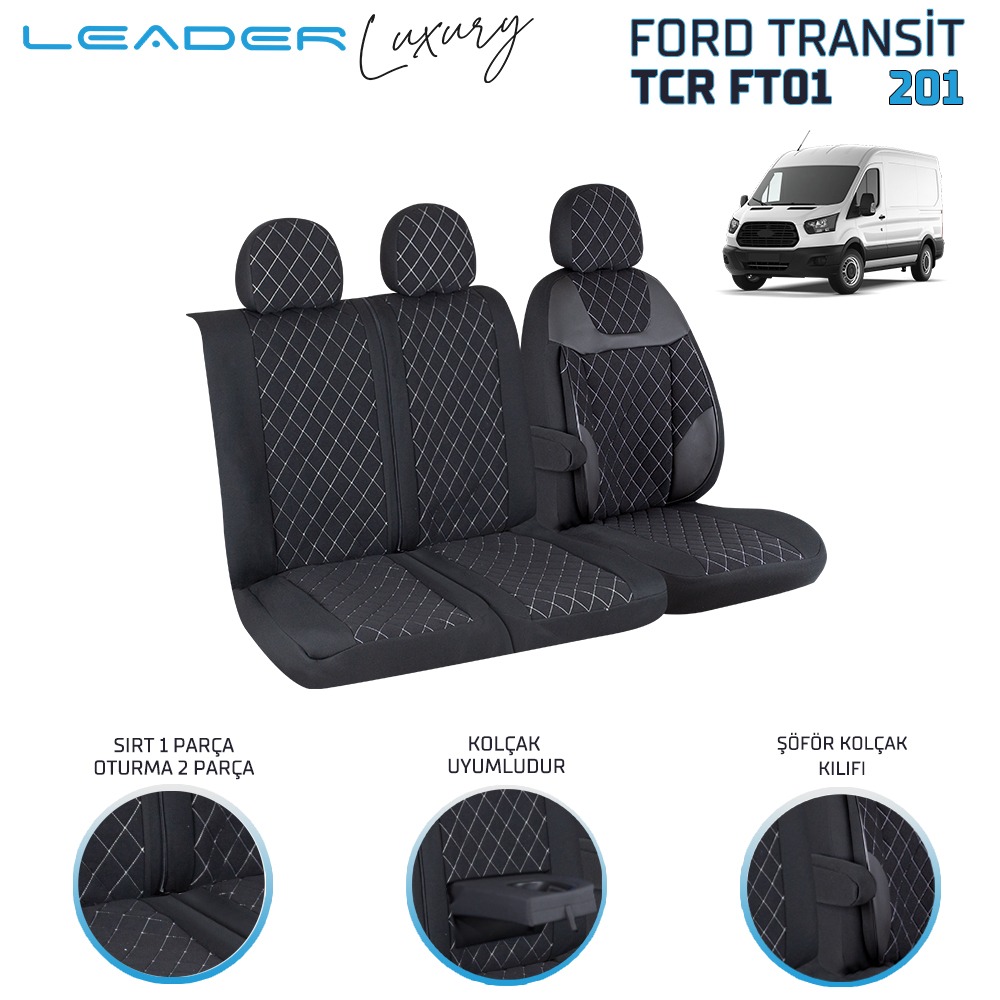 FORD TRANSİT 2013 SONRASI 2+1 TİCARİ OTO KILIFI. ALKANTRA SİYAH, BEYAZ NAKIŞ LEADER