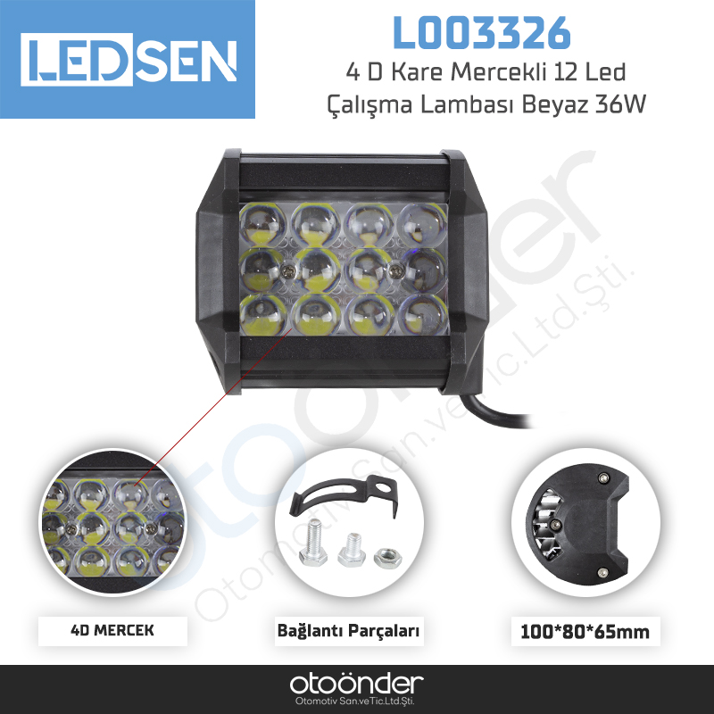 4 D Kare Mercekli 12 Led Çalışma Lambası Beyaz 36W- 100*80*65mm