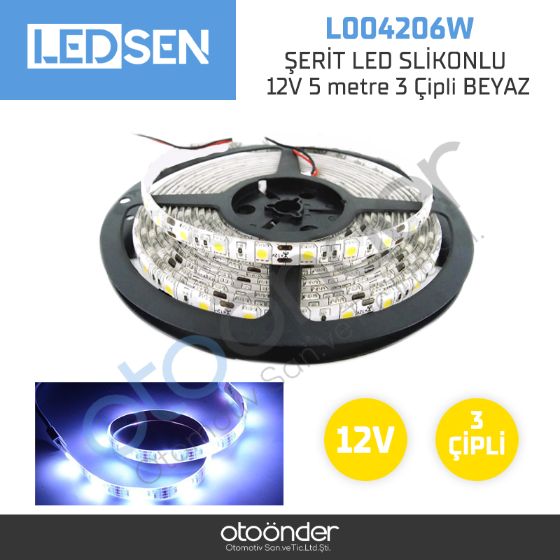 ŞERİT LED SLİKONLU 12V 5 metre 3 Çipli BEYAZ