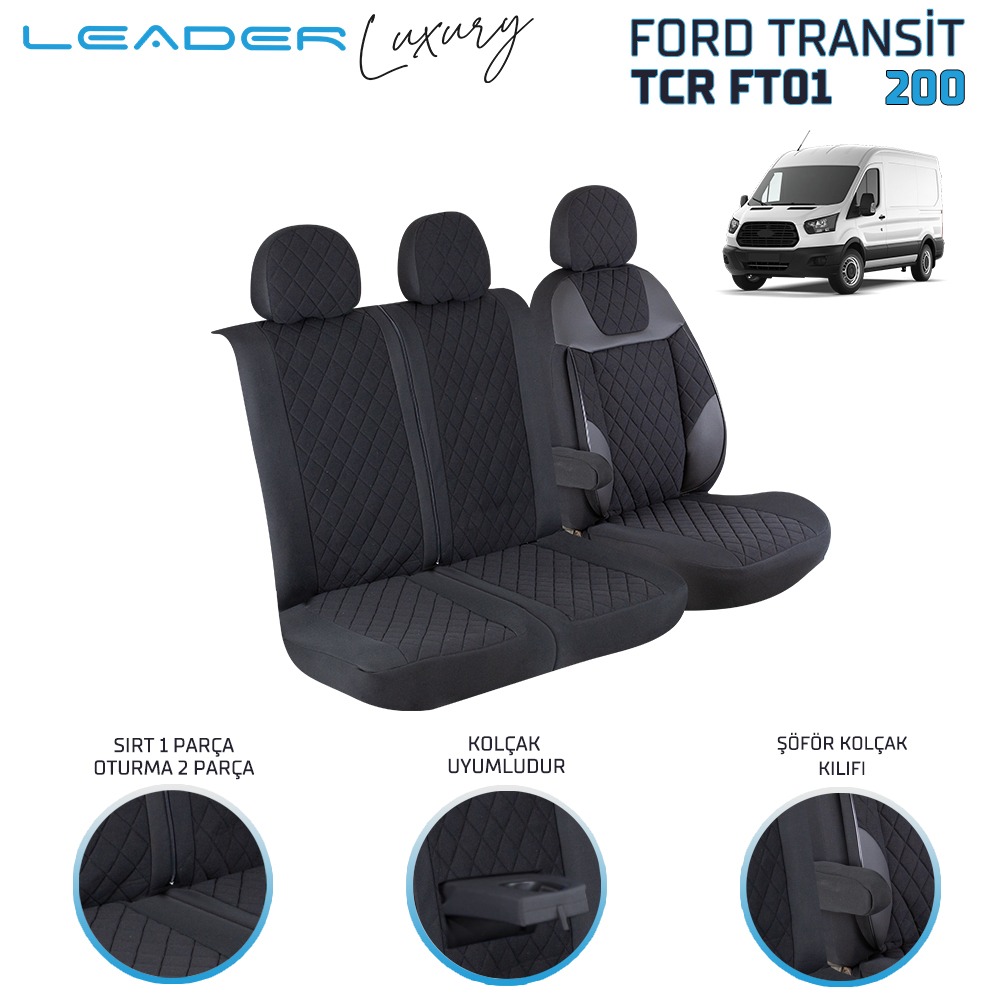 FORD TRANSİT 2013 SONRASI 2+1 TİCARİ OTO KILIFI. ALKANTRA SİYAH, SİYAH NAKIŞ LEADER