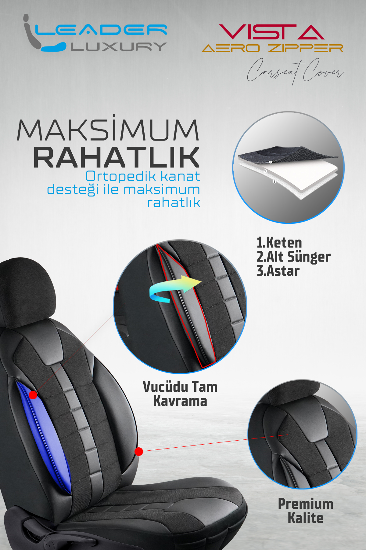 VİSTA OTO KILIFI STANDART DARK SİYAH. LEADER