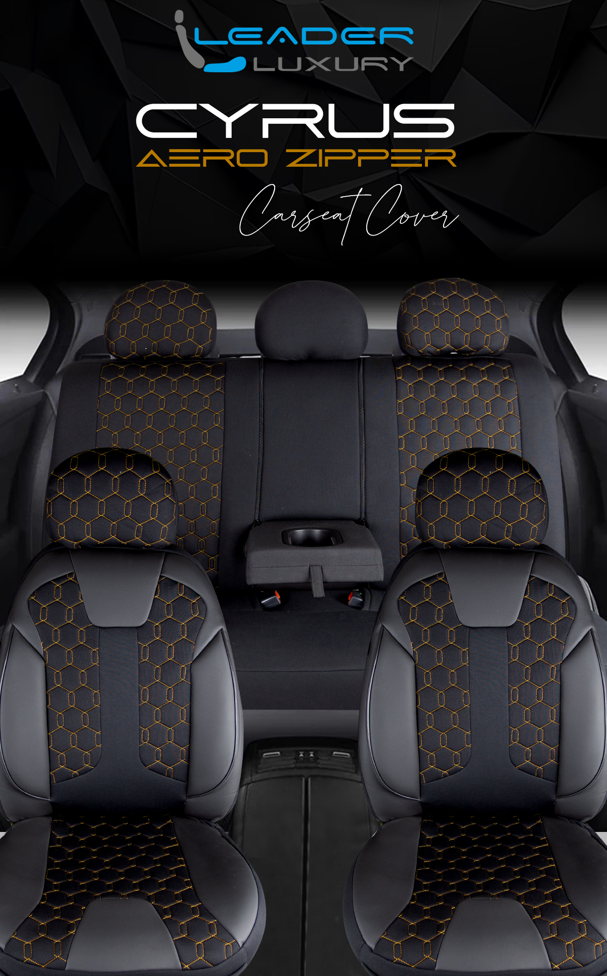 CYRUS ÖN KOLTUK ARKASI DERİ OTO KOLTUK KILIFI. FERMUARLI  SİYAH ; NAKIŞ GOLD LEADER
