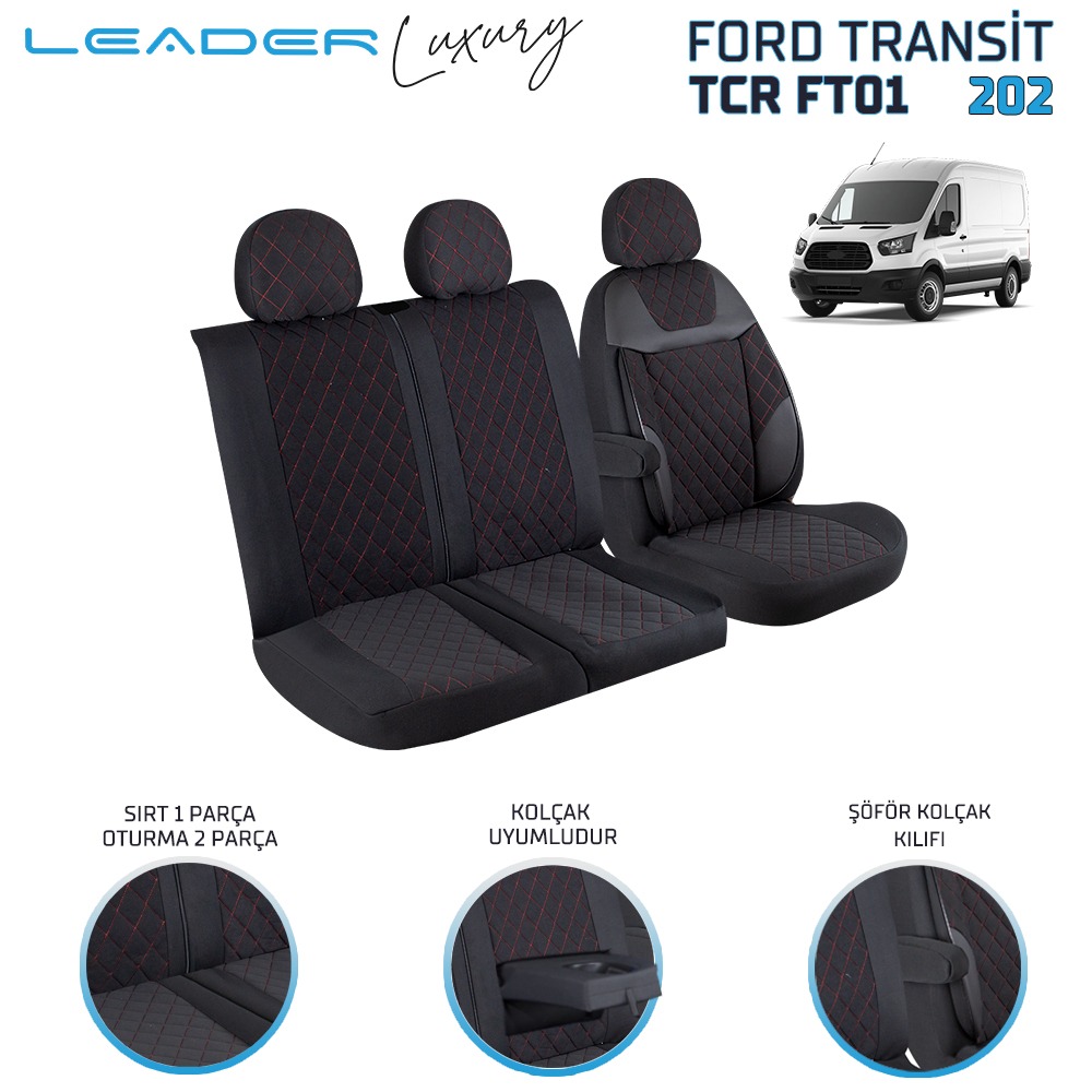 FORD TRANSİT 2013 SONRASI 2+1 TİCARİ OTO KILIFI. ALKANTRA SİYAH, KIRMIZI NAKIŞ LEADER