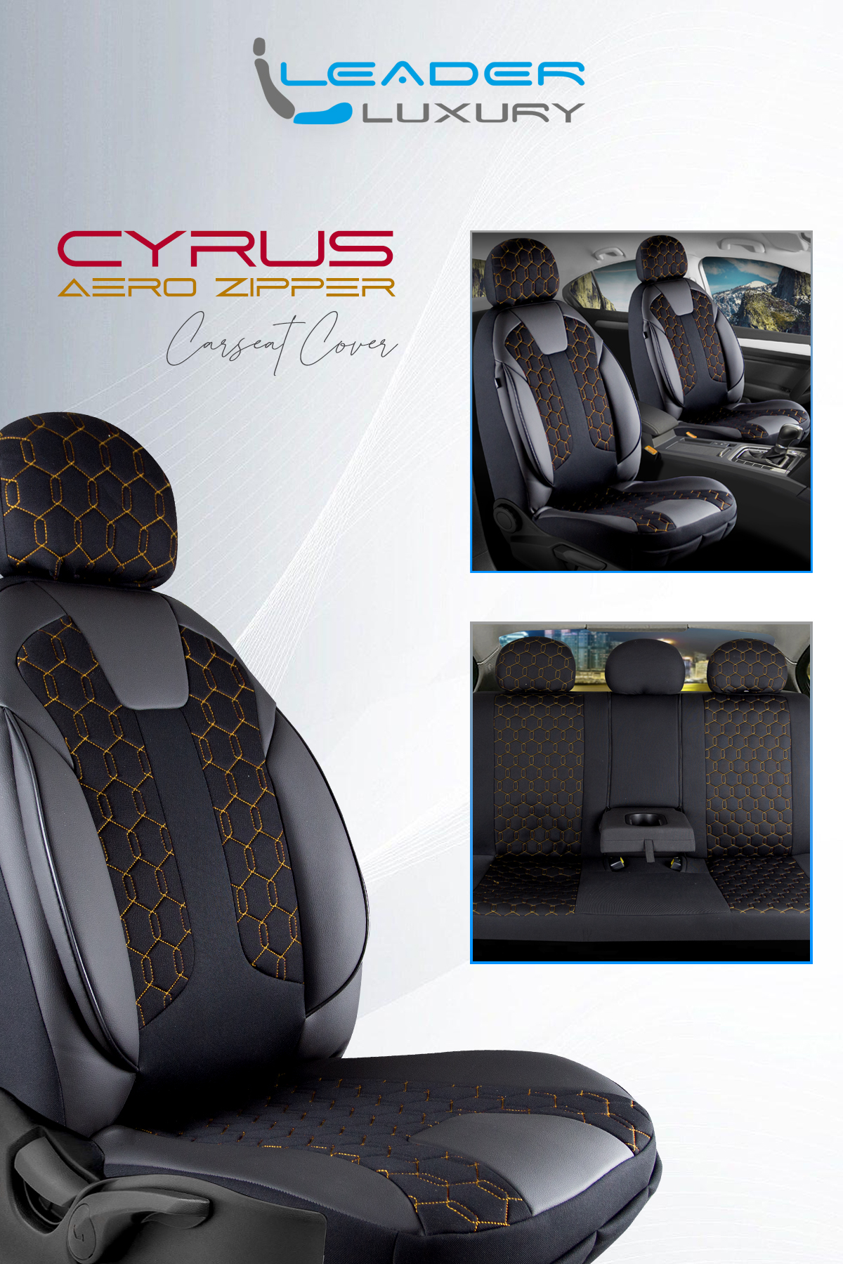 CYRUS ÖN KOLTUK ARKASI DERİ OTO KOLTUK KILIFI. FERMUARLI  SİYAH ; NAKIŞ GOLD LEADER