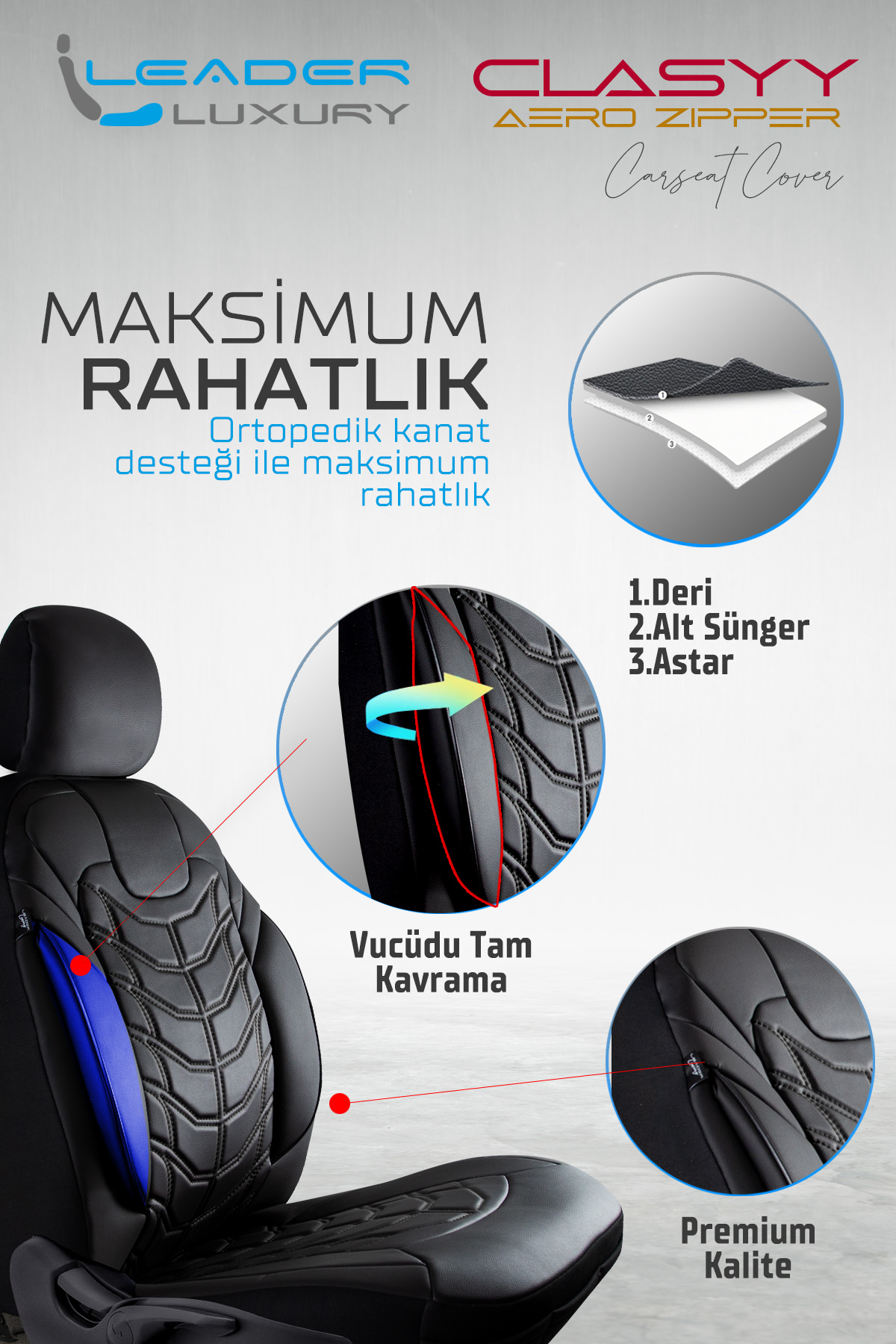 CLASYY KOMPLE DERİ OTO KOLTUK KILIFI SİYAH. NAKIŞ SİYAH