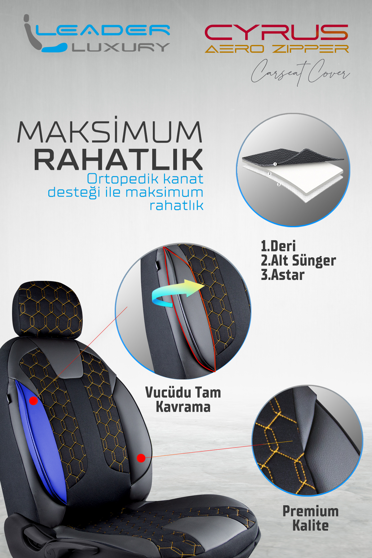 CYRUS ÖN KOLTUK ARKASI DERİ OTO KOLTUK KILIFI. FERMUARLI  SİYAH ; NAKIŞ GOLD LEADER