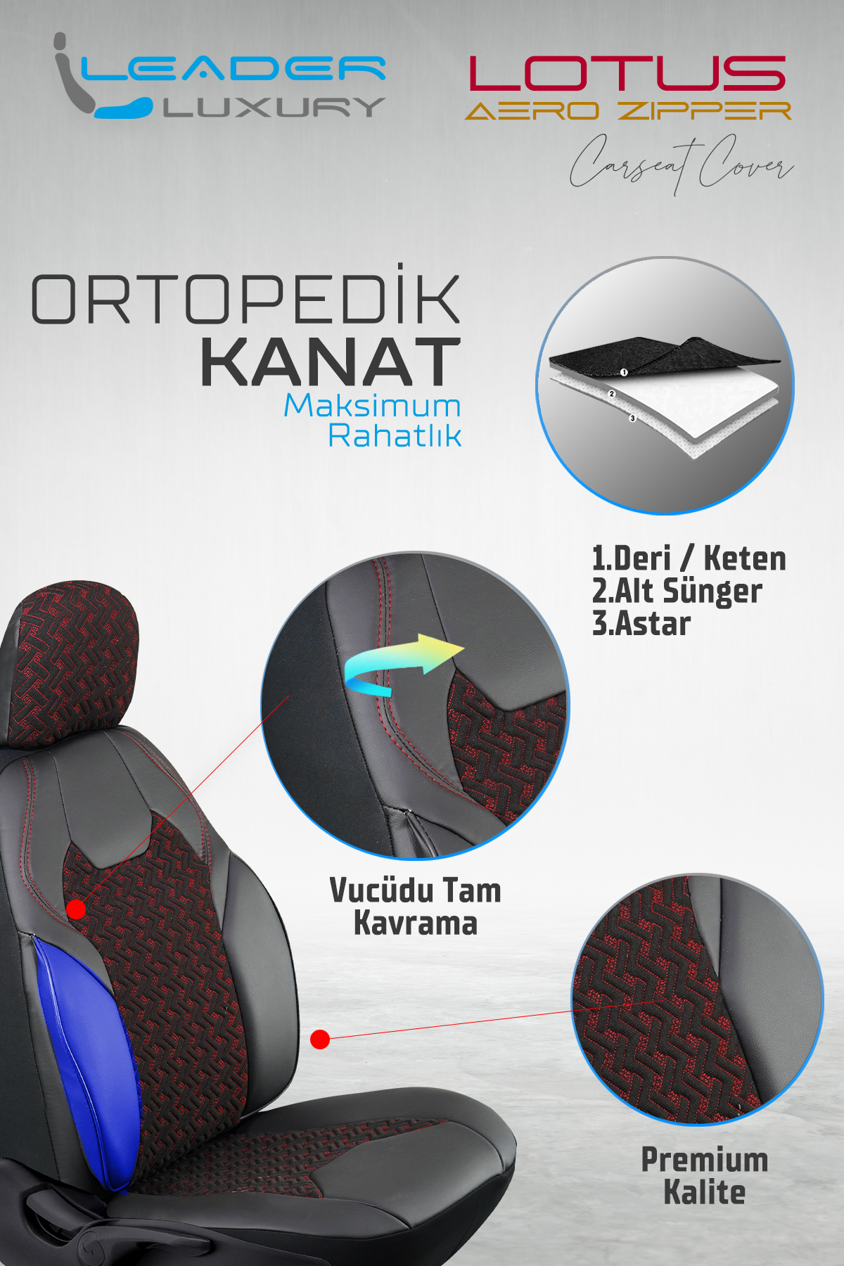 LOTUS ÖN KOLTUK ARKASI DERİ OTO KILIFI FERMUARLI. SİYAH NAKIŞ KIRMIZI