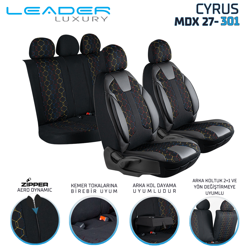 CYRUS ÖN KOLTUK ARKASI DERİ OTO KOLTUK KILIFI. FERMUARLI  SİYAH ; NAKIŞ 3 RENK LEADER