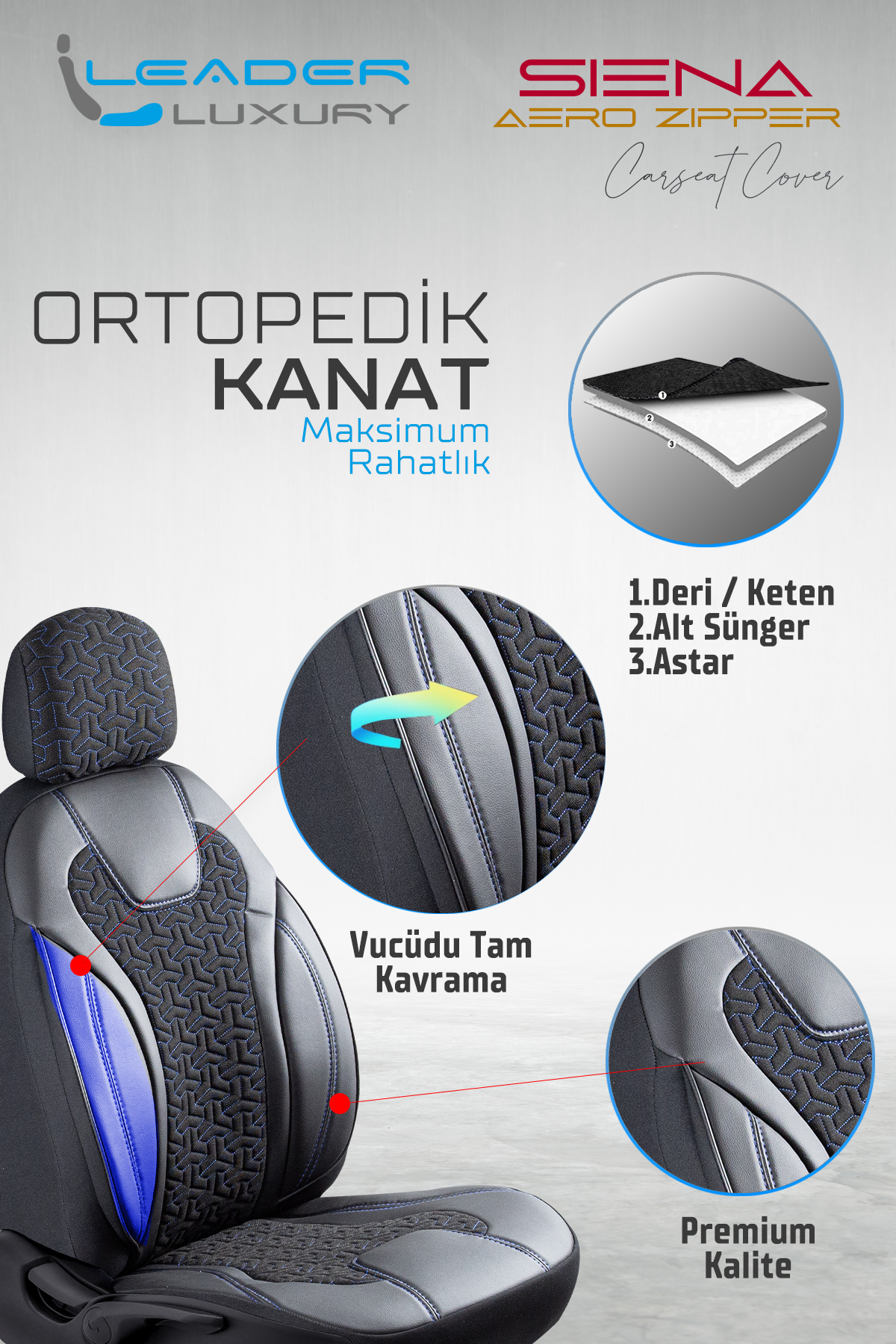 SİENA OTO KILIFI FERMUARLI SİYAH NAKIŞ MAVİ