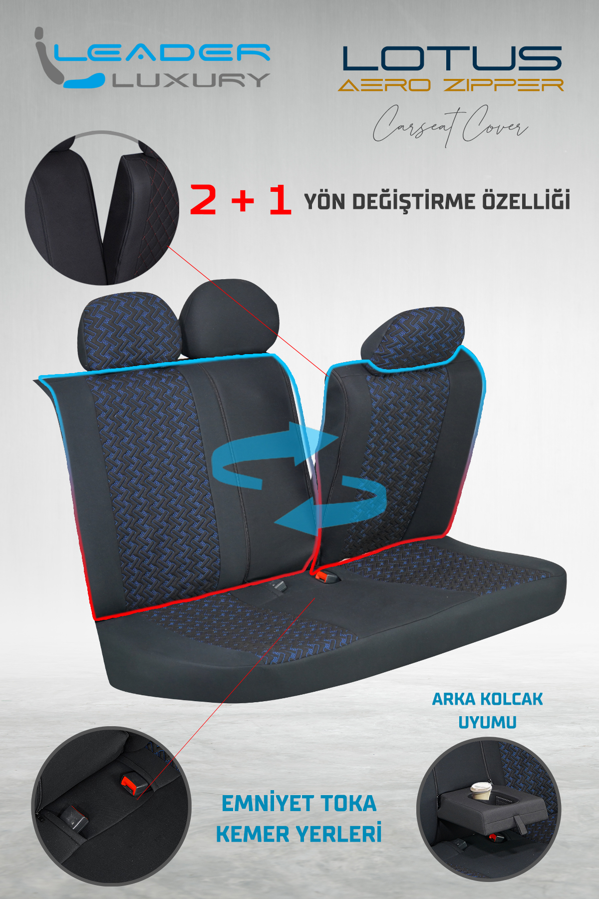 LOTUS ÖN KOLTUK ARKASI DERİ OTO KILIFI FERMUARLI. SİYAH NAKIŞ MAVİ