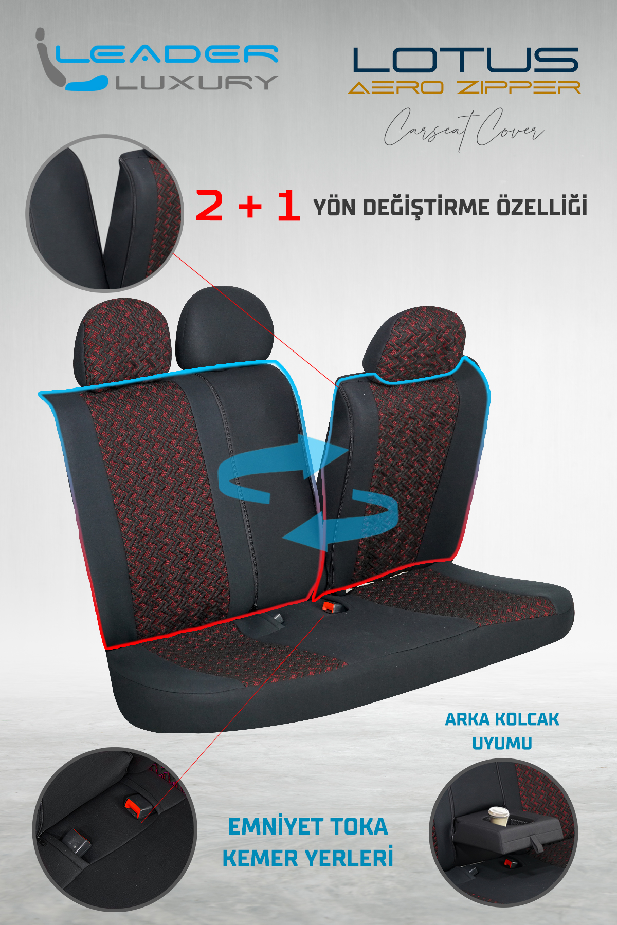 LOTUS ÖN KOLTUK ARKASI DERİ OTO KILIFI FERMUARLI. SİYAH NAKIŞ KIRMIZI