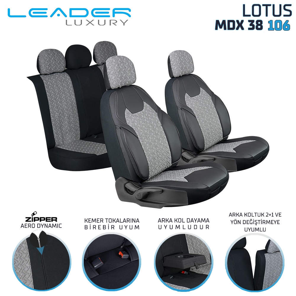 LOTUS ÖN KOLTUK ARKASI DERİ OTO KILIFI FERMUARLI. FÜME