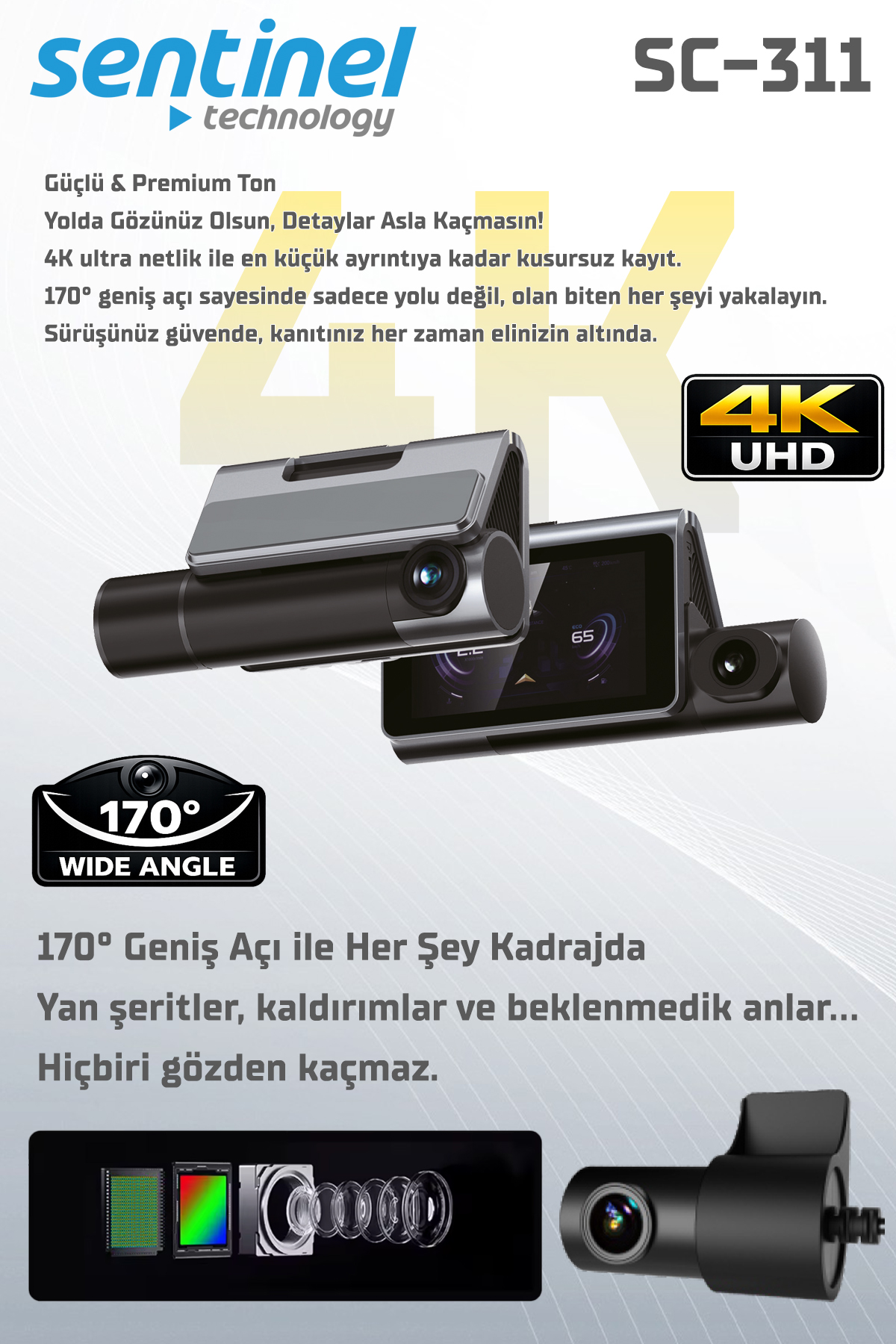 KAYIT CİHAZI FULL 4K 3" EKRAN 3 KAMERALI