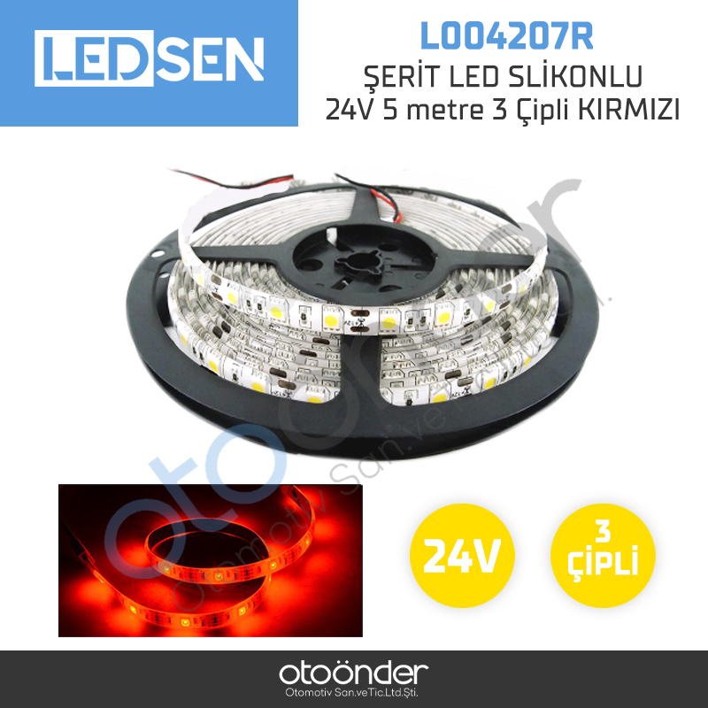 ŞERİT LED SLİKONLU 24V 5 metre 3 Çipli KIRMIZI