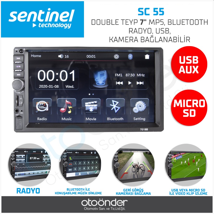 DOUBLE TEYP 7" MP5, BLUETOHT, RADYO, USB, KAMERA, BAĞLANABİLİR