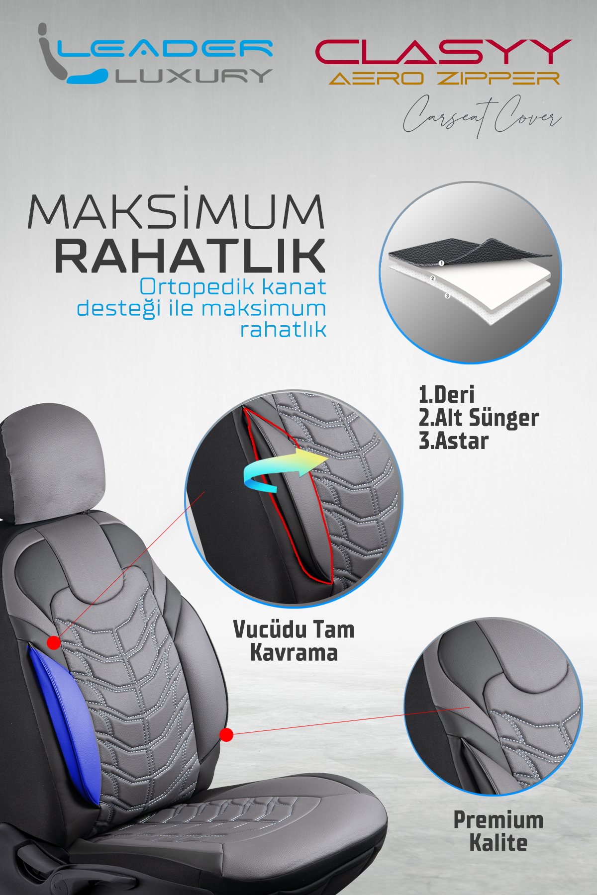 CLASYY KOMPLE DERİ OTO KOLTUK KILIFI GRİ SİYAH