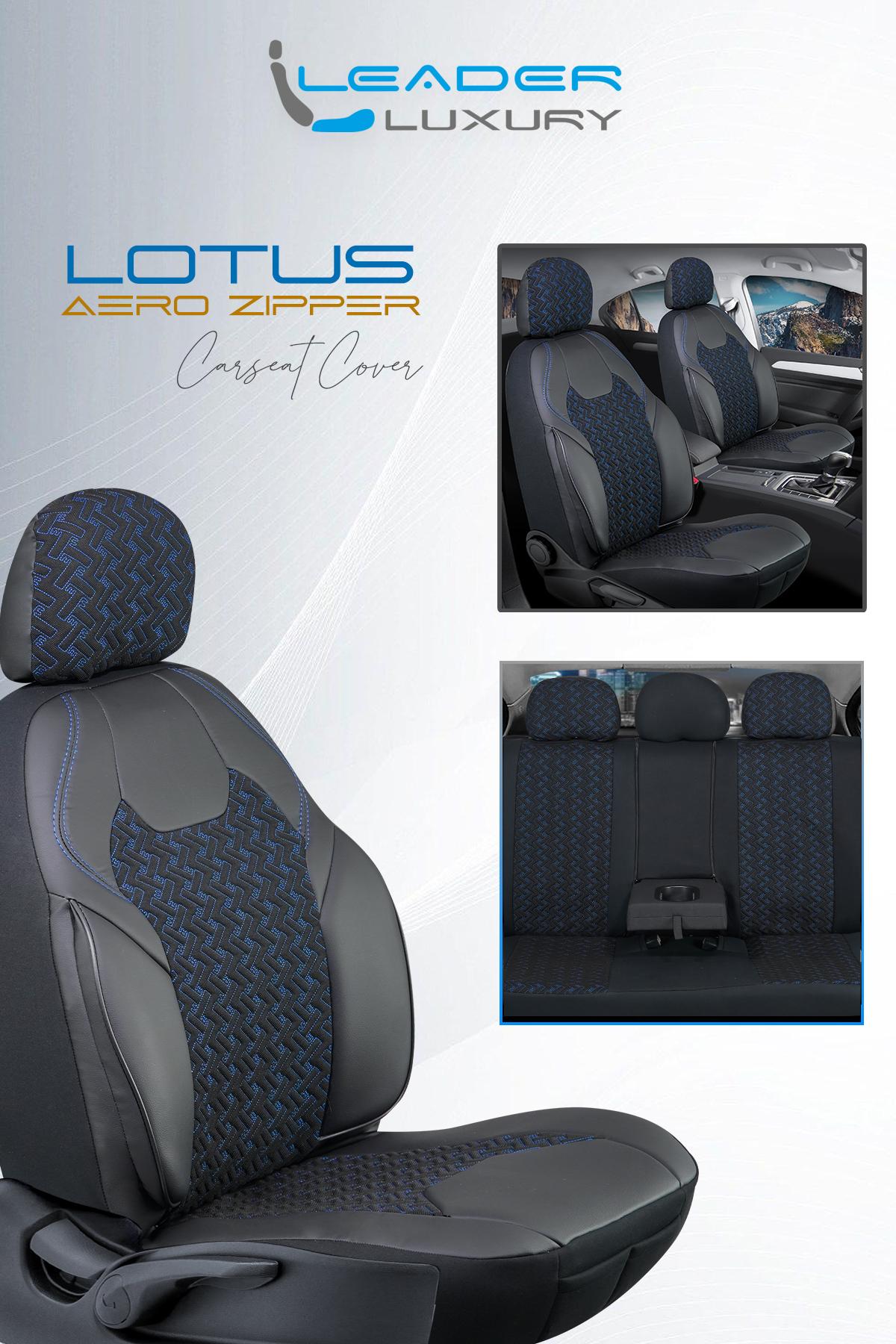 LOTUS ÖN KOLTUK ARKASI DERİ OTO KILIFI FERMUARLI. SİYAH NAKIŞ MAVİ
