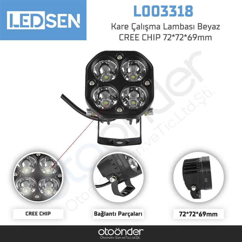 Kare Çalışma Lambası Beyaz CREE CHIP 72*72*69mm