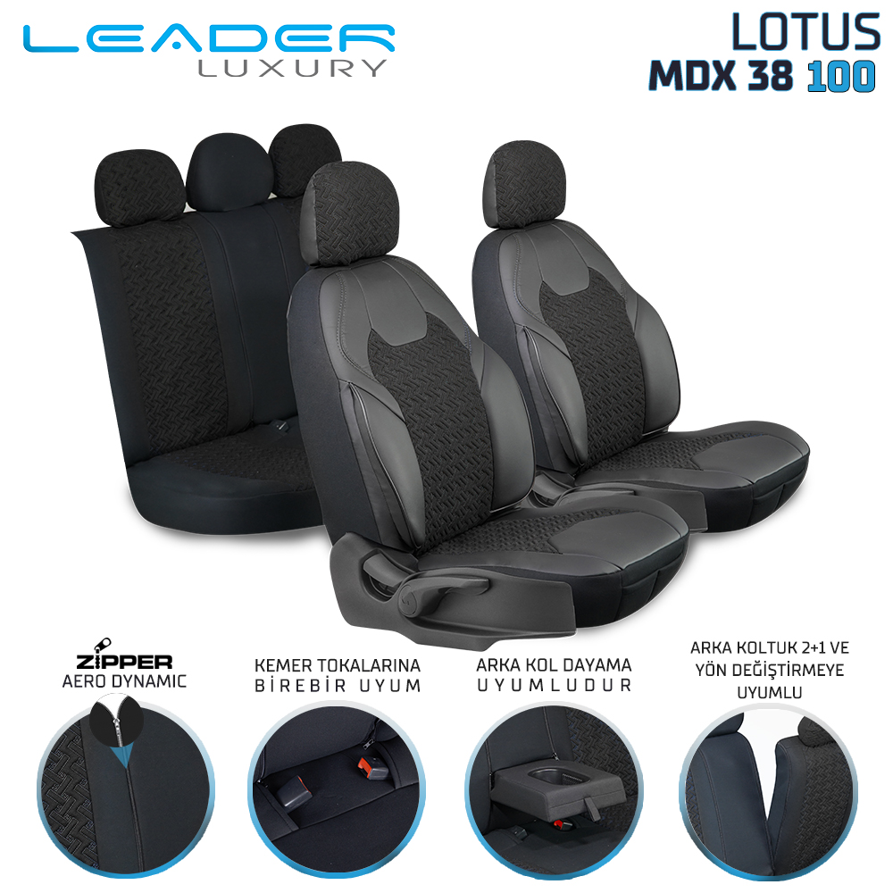 LOTUS ÖN KOLTUK ARKASI DERİ OTO KILIFI FERMUARLI. SİYAH