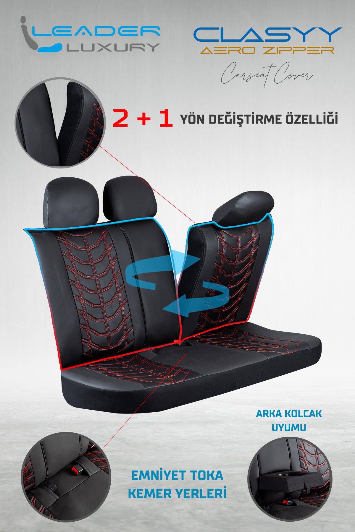 CLASYY DERİ OTO KOLTUK KILIFI SİYAH. NAKIŞ KIRMIZI