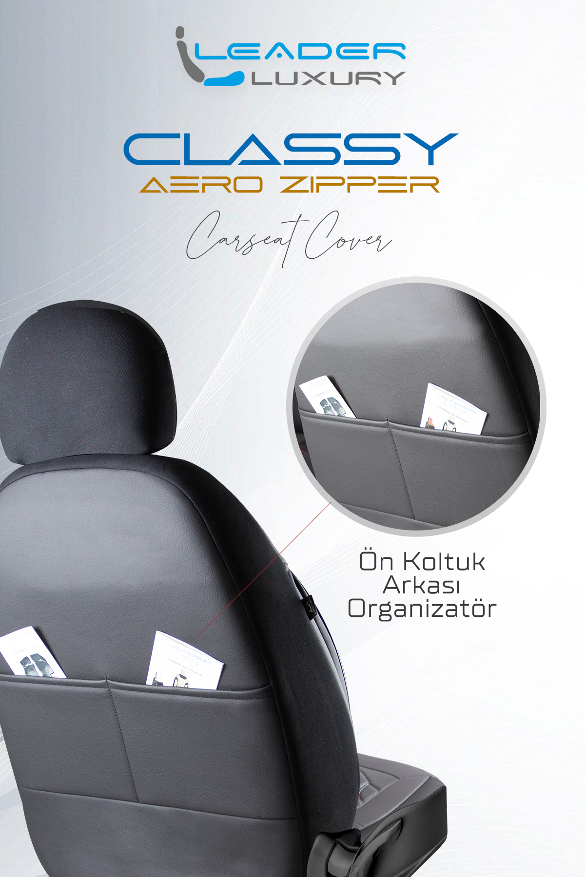 CLASYY KOMPLE DERİ OTO KOLTUK KILIFI GRİ SİYAH