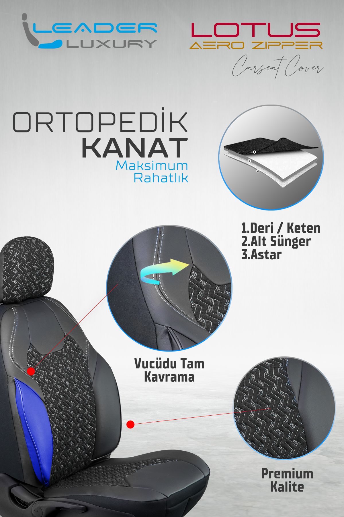 LOTUS ÖN KOLTUK ARKASI DERİ OTO KILIFI FERMUARLI. SİYAH NAKIŞ BEYAZ