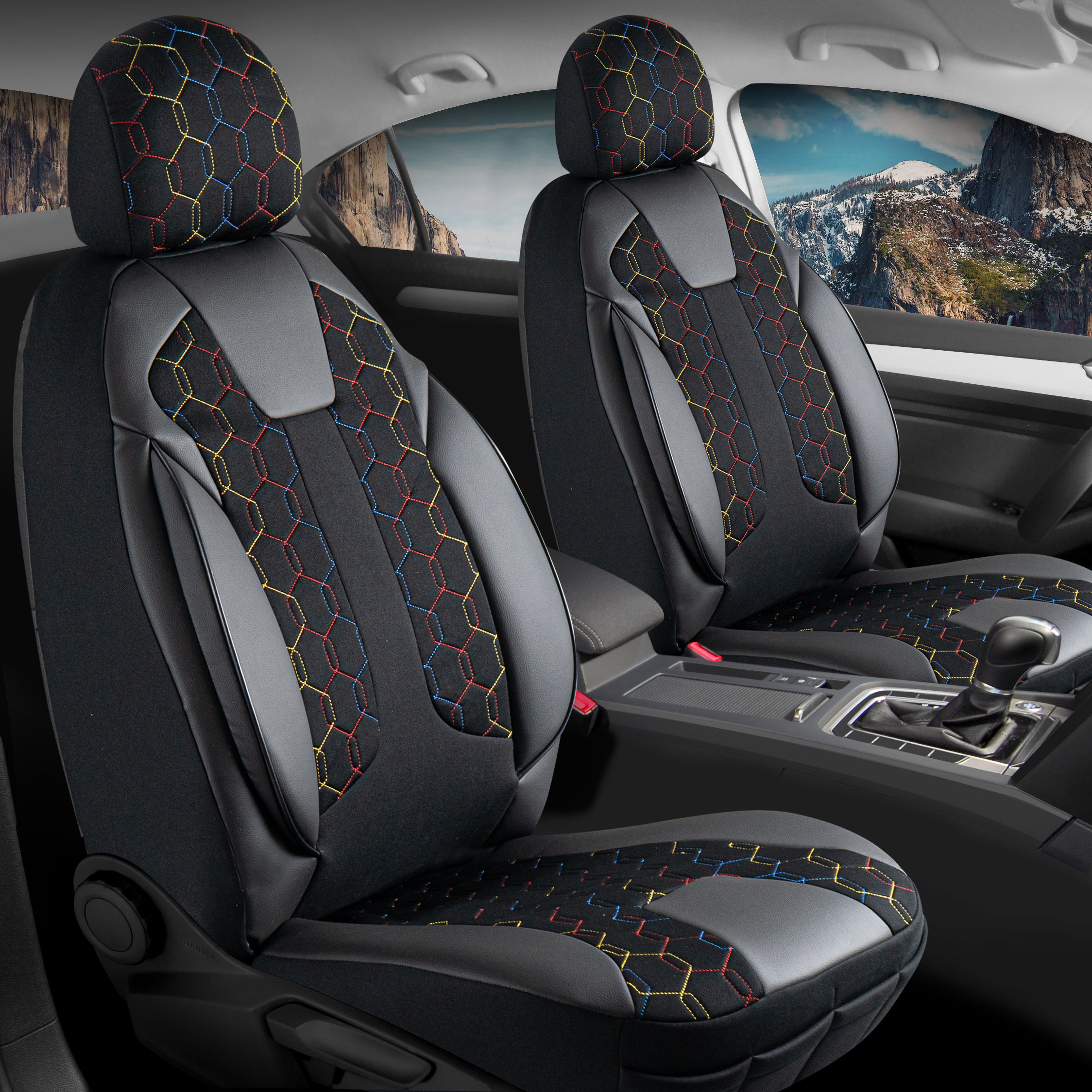 CYRUS ÖN KOLTUK ARKASI DERİ OTO KOLTUK KILIFI. FERMUARLI  SİYAH ; NAKIŞ 3 RENK LEADER