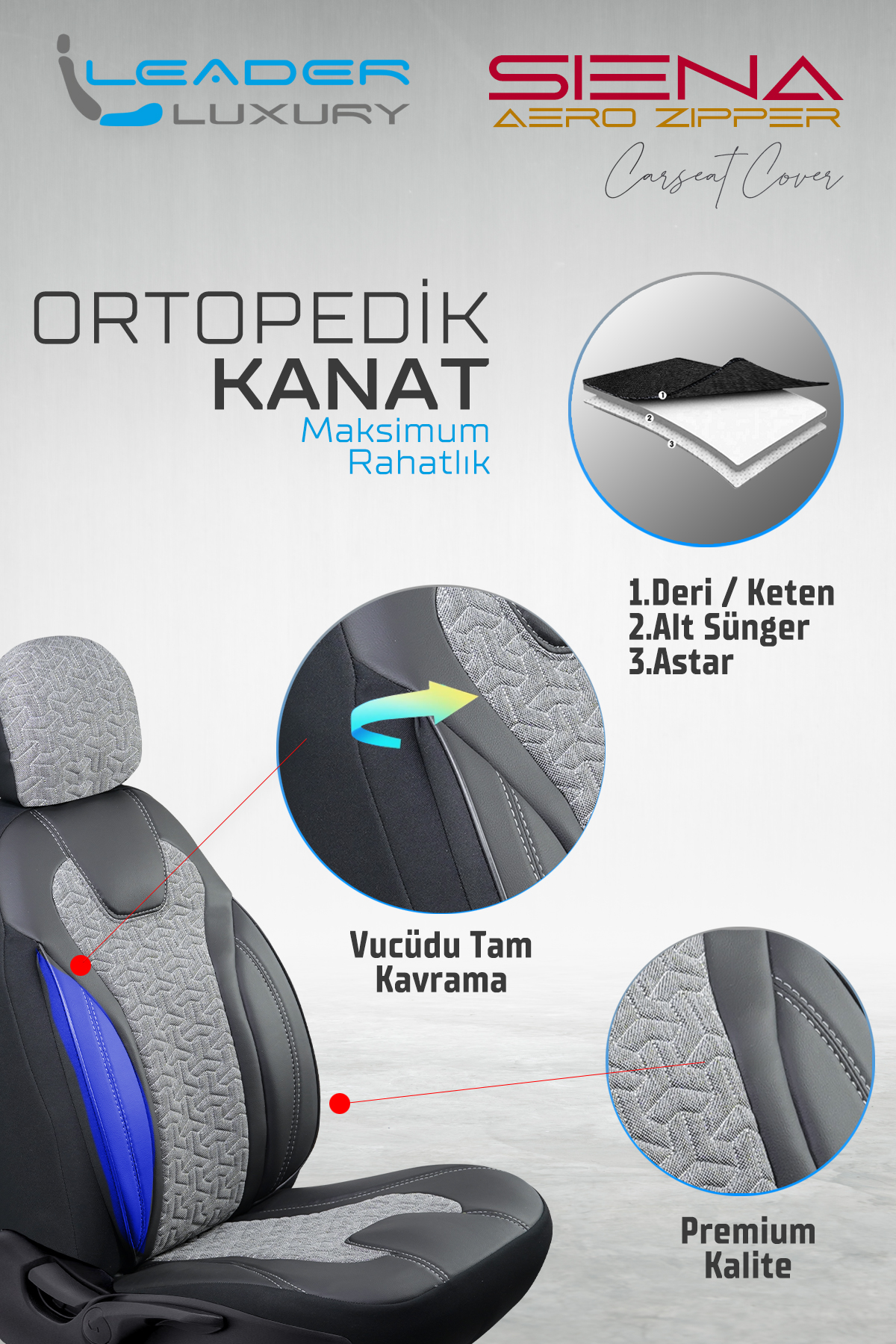 SİENA OTO KILIFI FERMUARLI FÜME NAKIŞ FÜME
