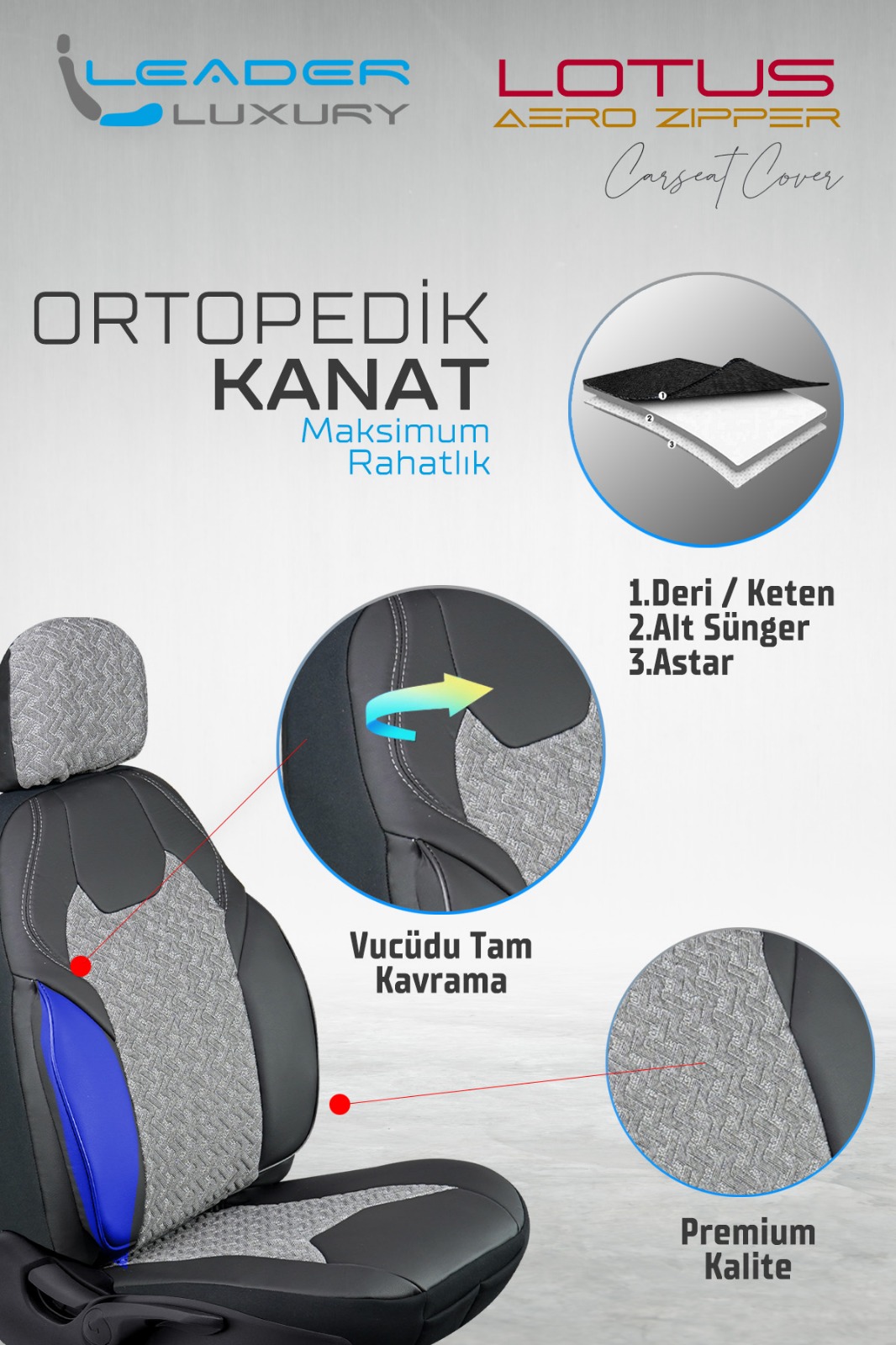 LOTUS ÖN KOLTUK ARKASI DERİ OTO KILIFI FERMUARLI. FÜME