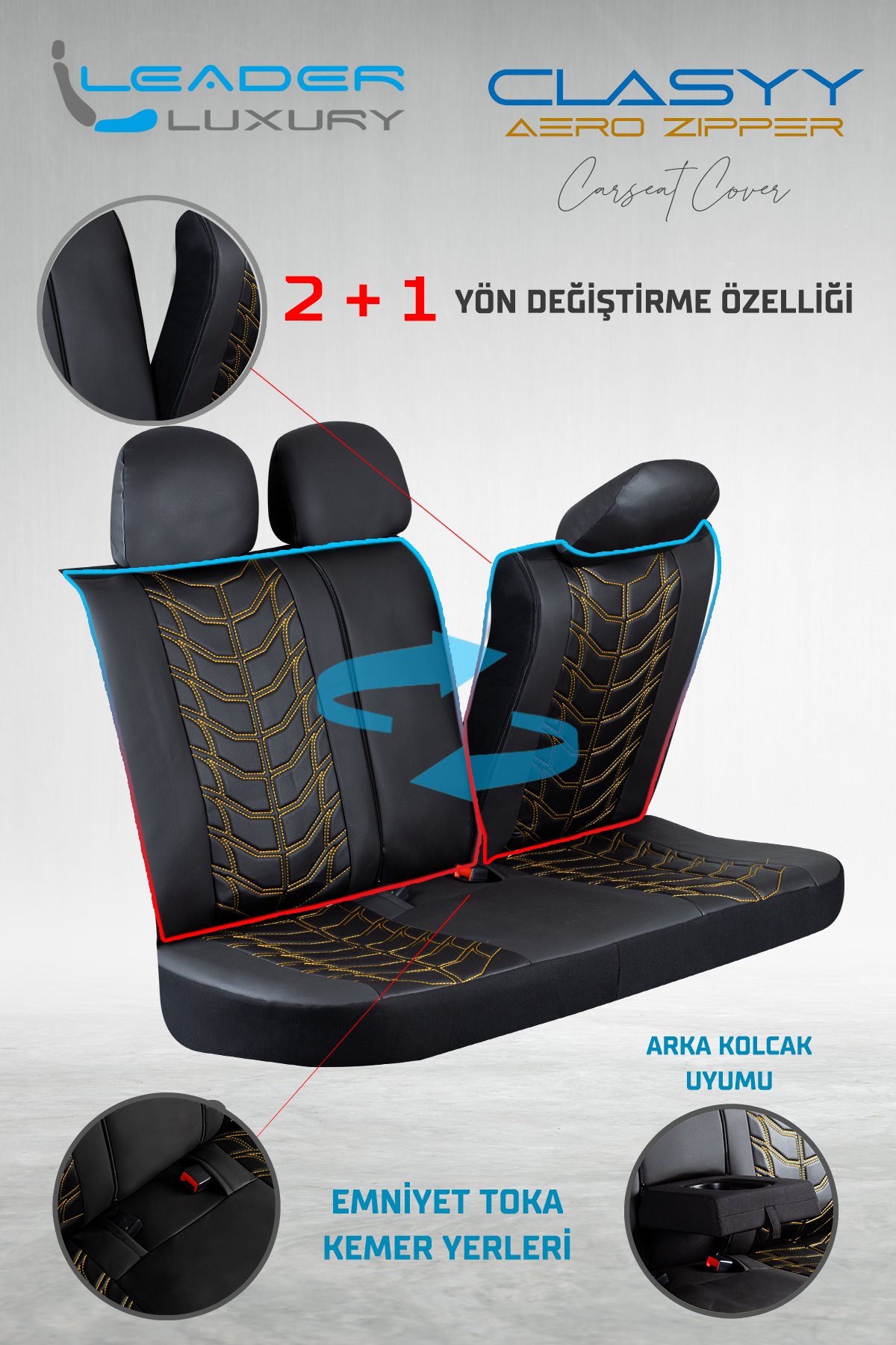 CLASYY DERİ OTO KOLTUK KILIFI SİYAH. NAKIŞ SARI