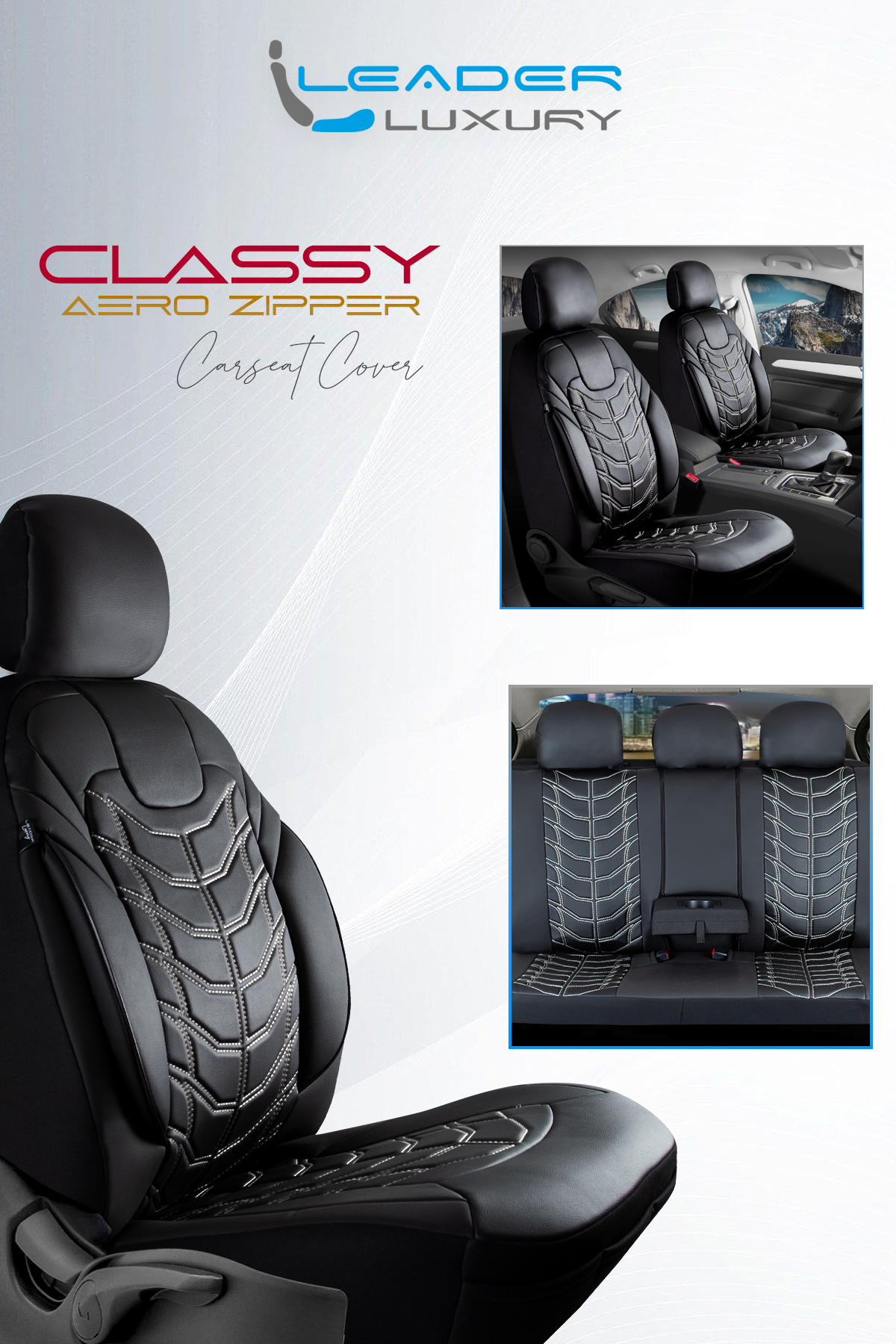 CLASYY KOMPLE DERİ OTO KOLTUK KILIFI SİYAH. NAKIŞ BEYAZ