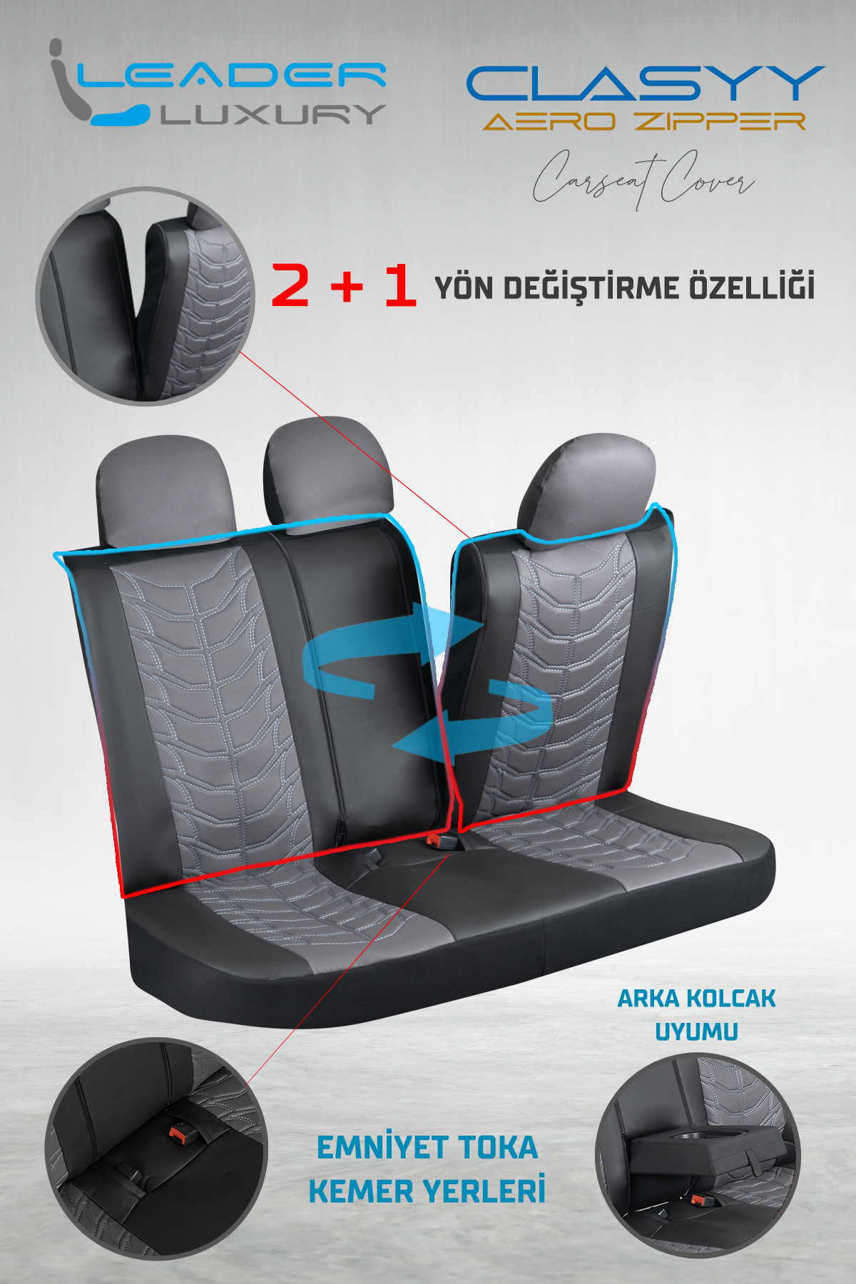 CLASYY KOMPLE DERİ OTO KOLTUK KILIFI GRİ SİYAH