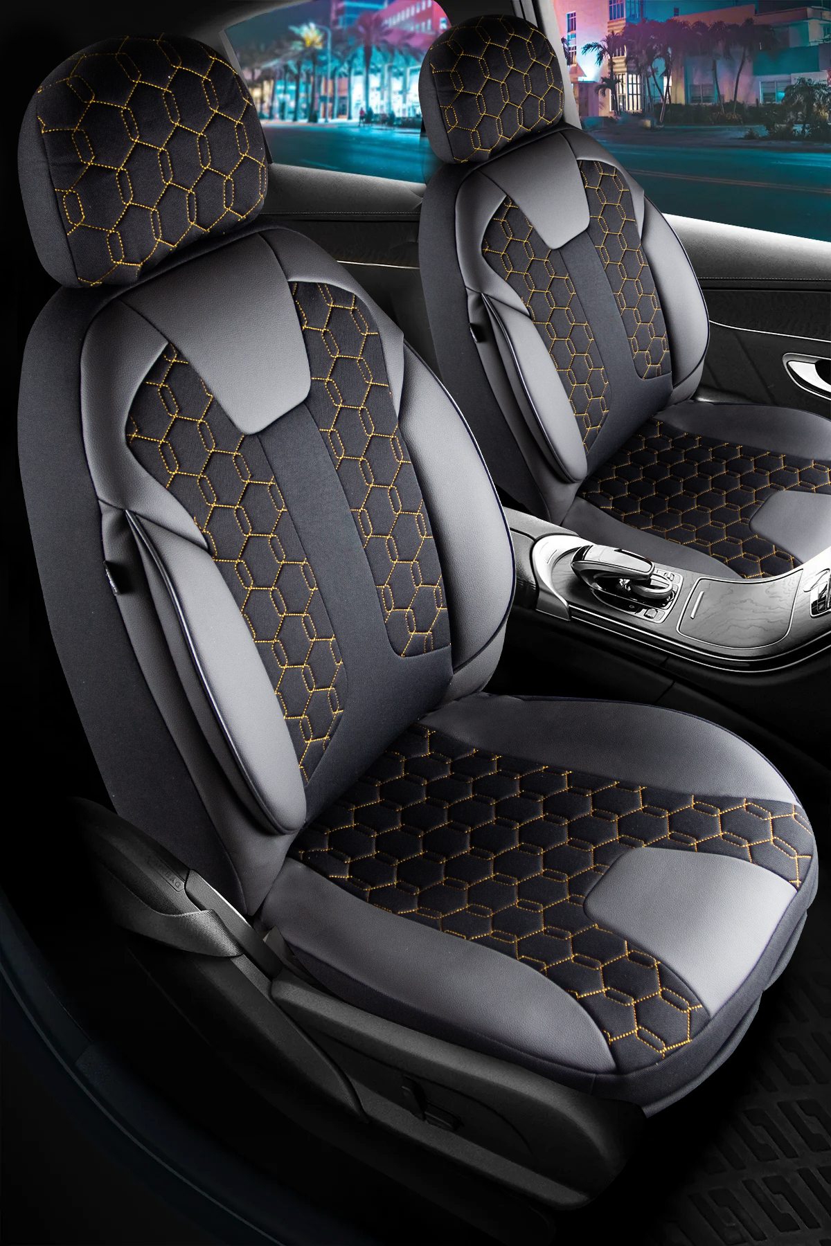 CYRUS ÖN KOLTUK ARKASI DERİ OTO KOLTUK KILIFI. FERMUARLI  SİYAH ; NAKIŞ GOLD LEADER