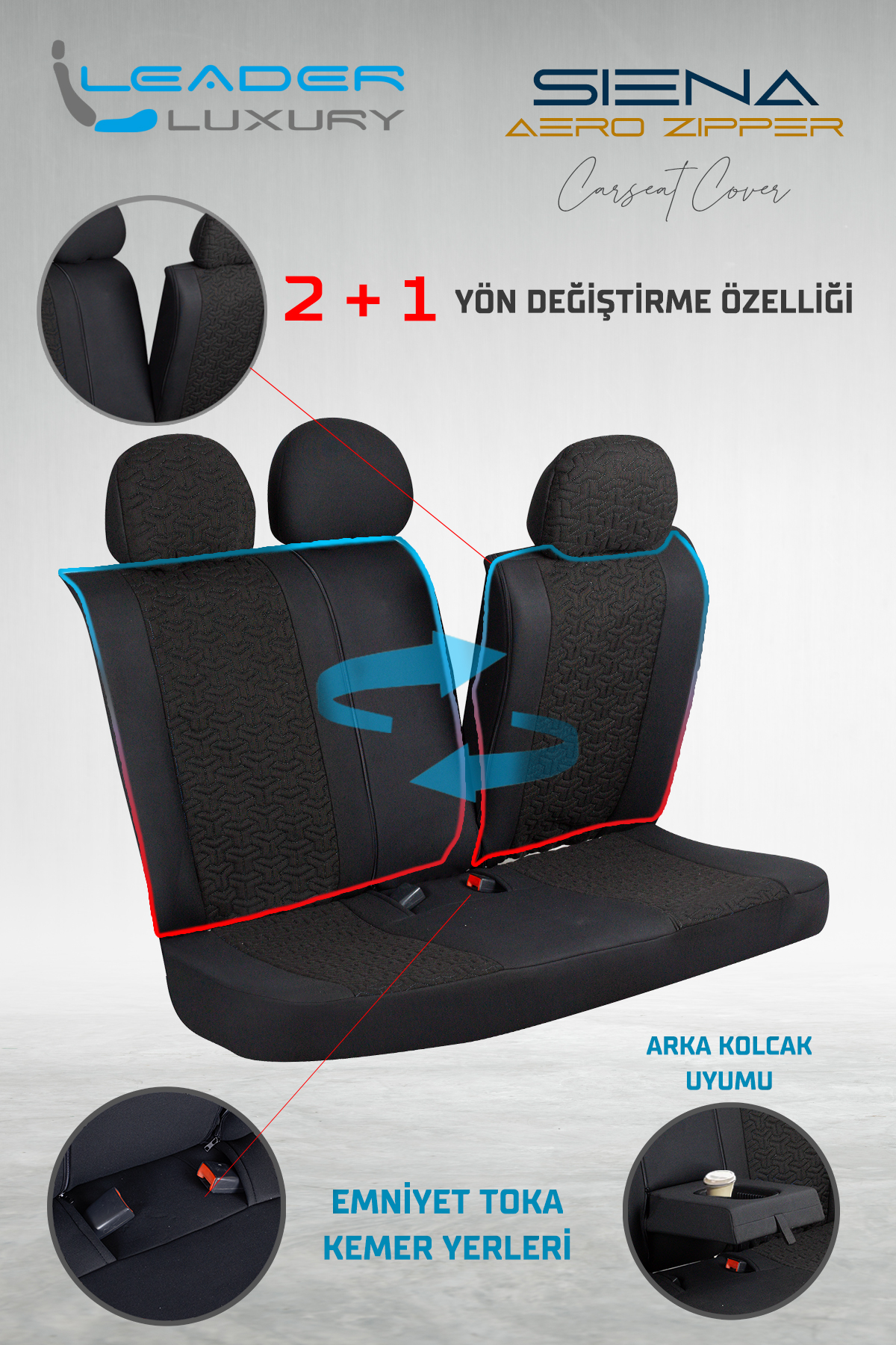 SİENA OTO KILIFI FERMUARLI SİYAH NAKIŞ SİYAH