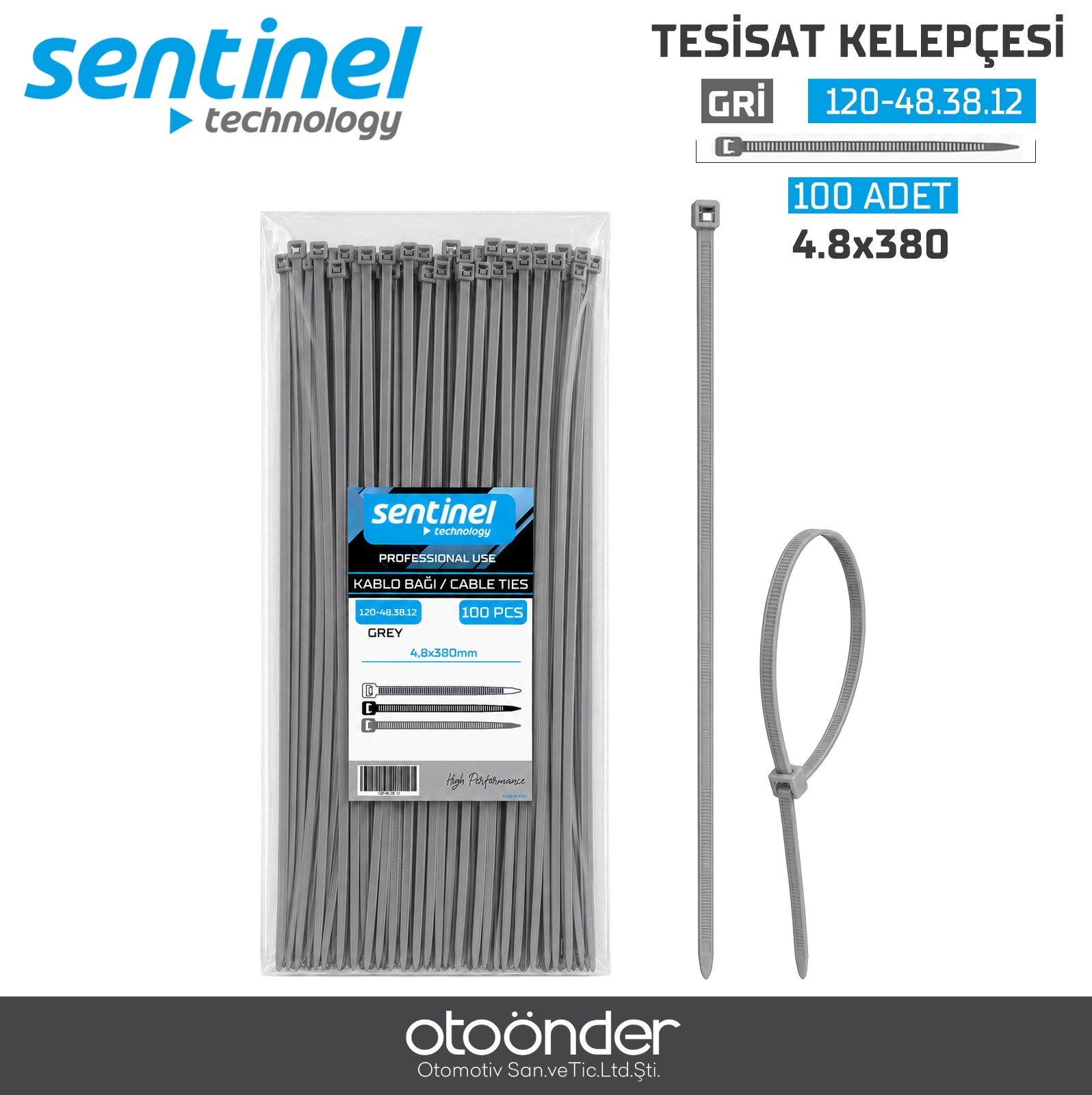 TESİSAT KELEPÇESİ 4.8x380 (100 ADET) 1 PAKET GRİ