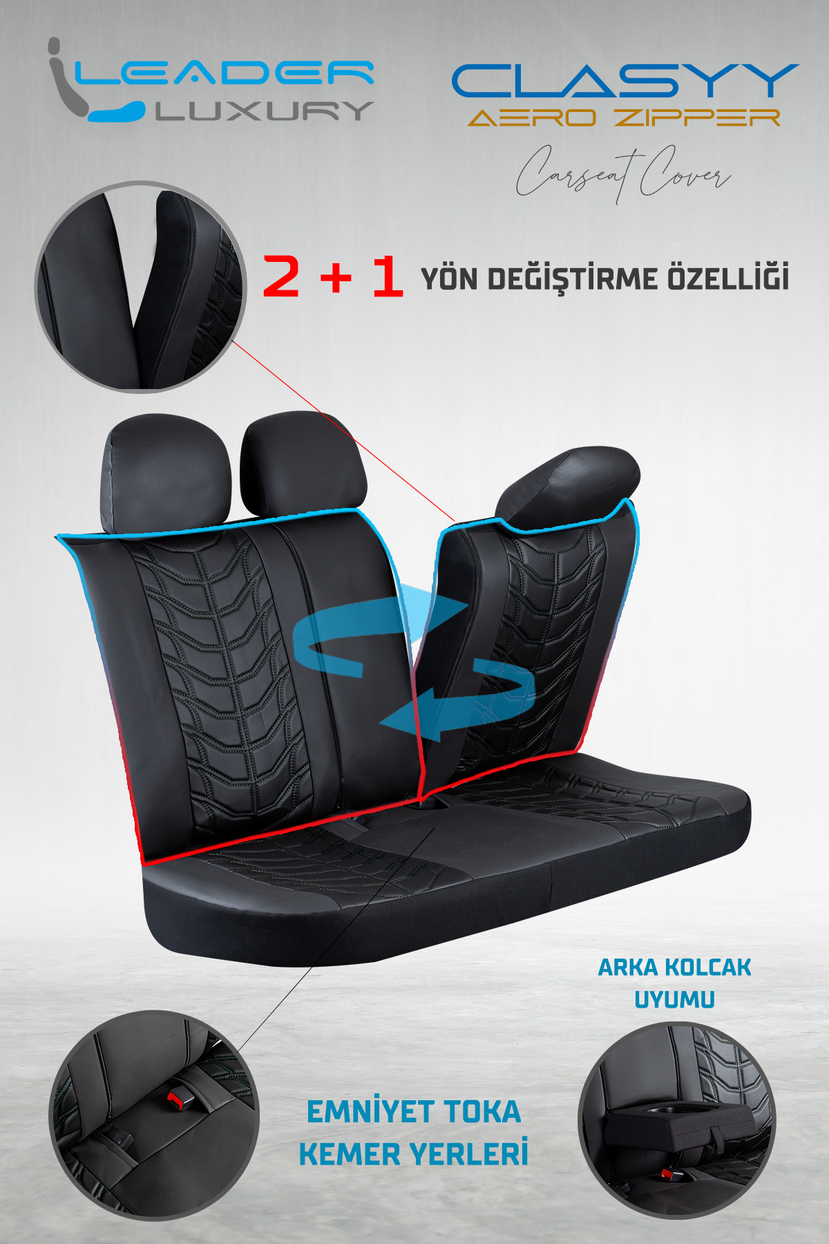 CLASYY KOMPLE DERİ OTO KOLTUK KILIFI SİYAH. NAKIŞ SİYAH