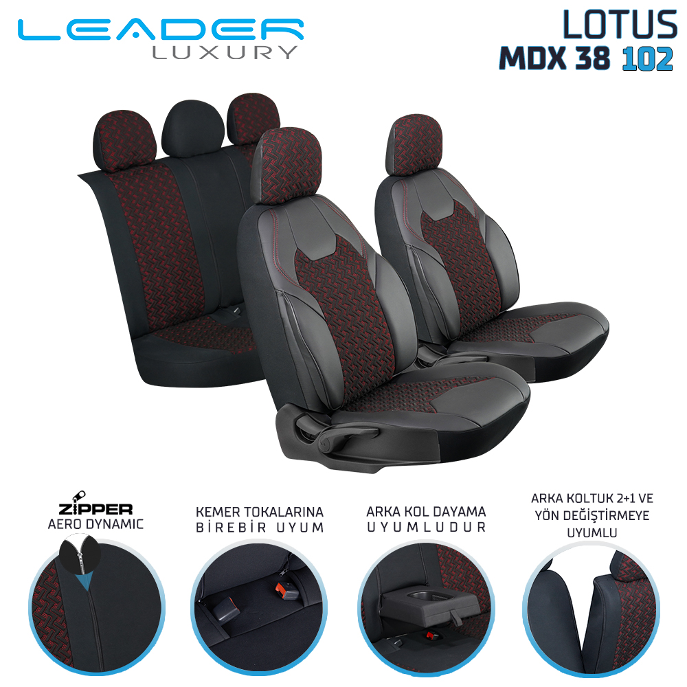LOTUS ÖN KOLTUK ARKASI DERİ OTO KILIFI FERMUARLI. SİYAH NAKIŞ KIRMIZI