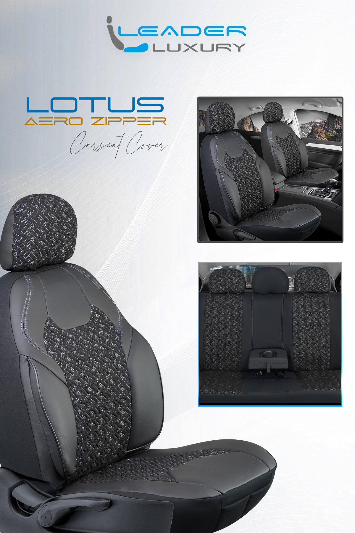 LOTUS ÖN KOLTUK ARKASI DERİ OTO KILIFI FERMUARLI. SİYAH NAKIŞ BEYAZ