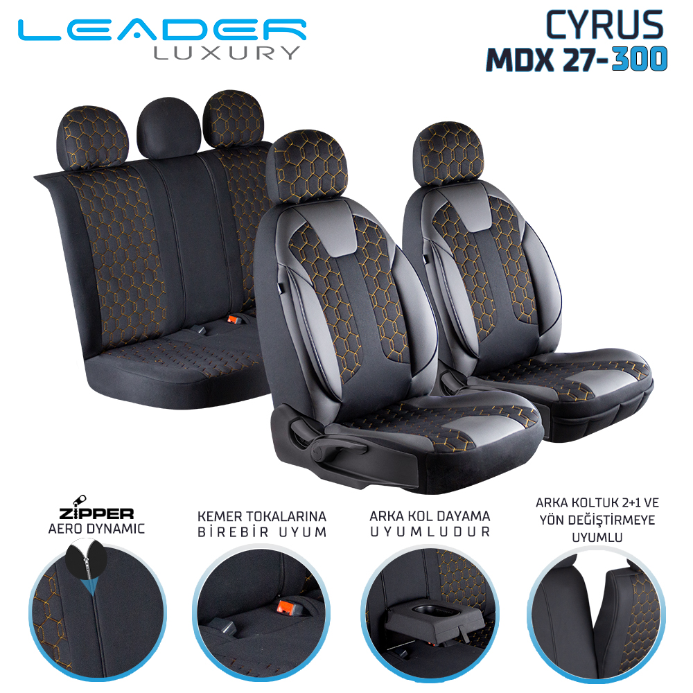 CYRUS ÖN KOLTUK ARKASI DERİ OTO KOLTUK KILIFI. FERMUARLI  SİYAH ; NAKIŞ GOLD LEADER