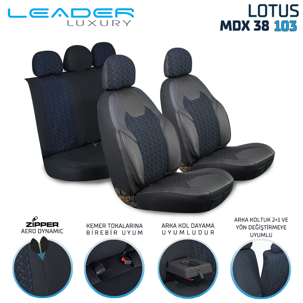 LOTUS ÖN KOLTUK ARKASI DERİ OTO KILIFI FERMUARLI. SİYAH NAKIŞ MAVİ